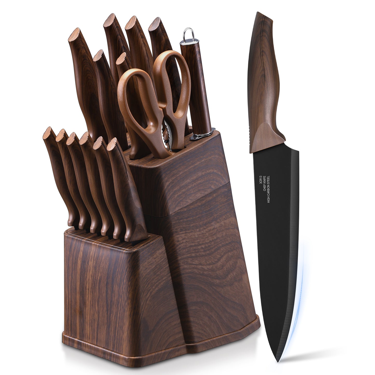 Vesteel Knife Set for Kitchen with Block, 15 Pcs Stainless Steel Kitchen Knives Set with Sharpener Kitchen Shears - Walnut Brown