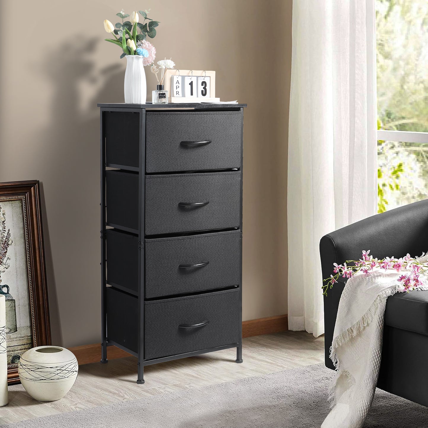 Vesteel Dresser for Bedroom with 4 Drawers, Storage Tower Organizer with Fabric Bins and Wooden Tabletop, Clothes Closet with Sturdy Steel Frame for Living Room, Entryway, Nursery - Black