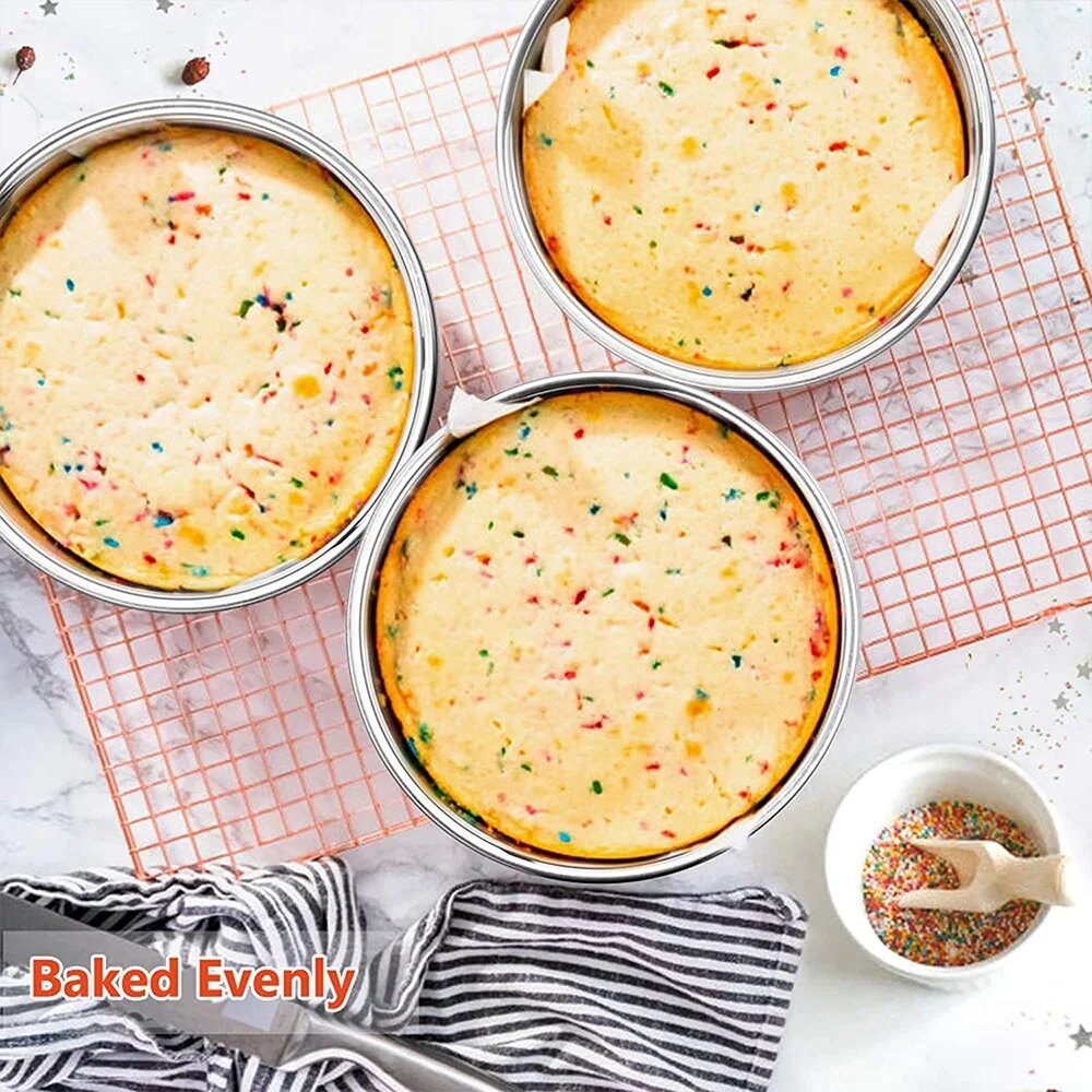 8 inch Cake Pan Set of 3, VeSteel Stainless Steel Round Layer Cake Baking Pans, Non-Toxic & Healthy, Mirror Finish & Dishwasher Safe