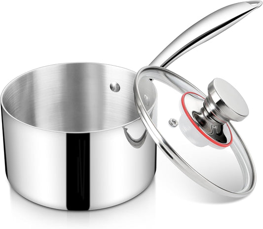 Vesteel 1 Quart Saucepan with Lid, Tri-Ply Stainless Steel Sauce Pan, 1qt Small Induction Cooking Pot with Ergonomic Handle, Small Pan for Making Sauce, Warming Milk, Boiling Eggs, Dishwasher Safe