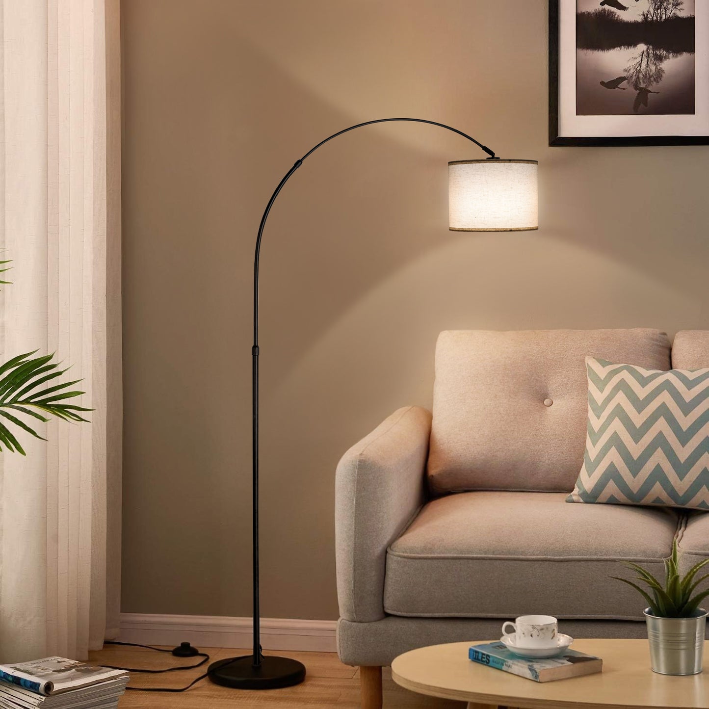 Vesteel Floor Lamp, Dimmable Tall Lamp 3 Color Temperature, Modern Standing Lamp with Adjustable Hanging Linen Shade, Stable Marble Base for Living Room Bedroom Office, Metal Body & Pedal Switch