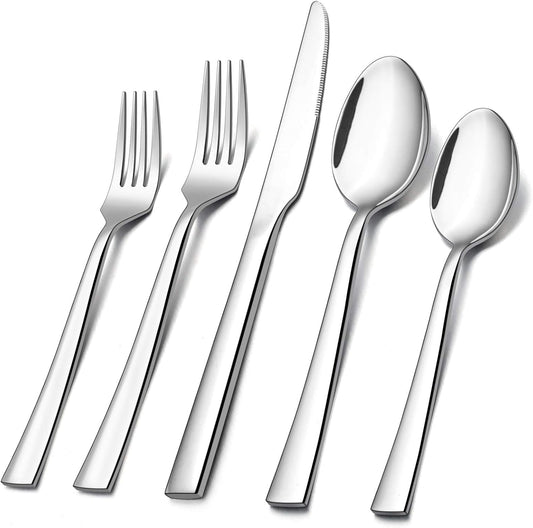 60-Piece Silverware Set, Vesteel Stainless Steel Flatware Set Service for 12, Modern Tableware Cutlery Set for Home and Restaurant, Square Edge & Mirror Finish, Dishwasher Safe