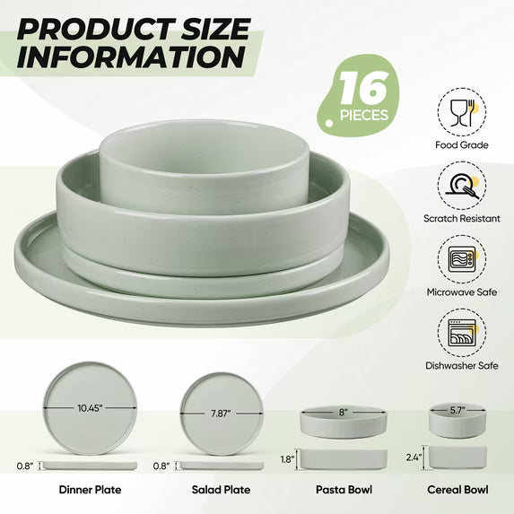 Vesteel 16 Pieces Dinnerware Sets, Premium Stoneware Dishes Set for 4, Speckled Plates and Bowls Set for Home Restaurant, Microwave and Dishwasher Safe - Light Green
