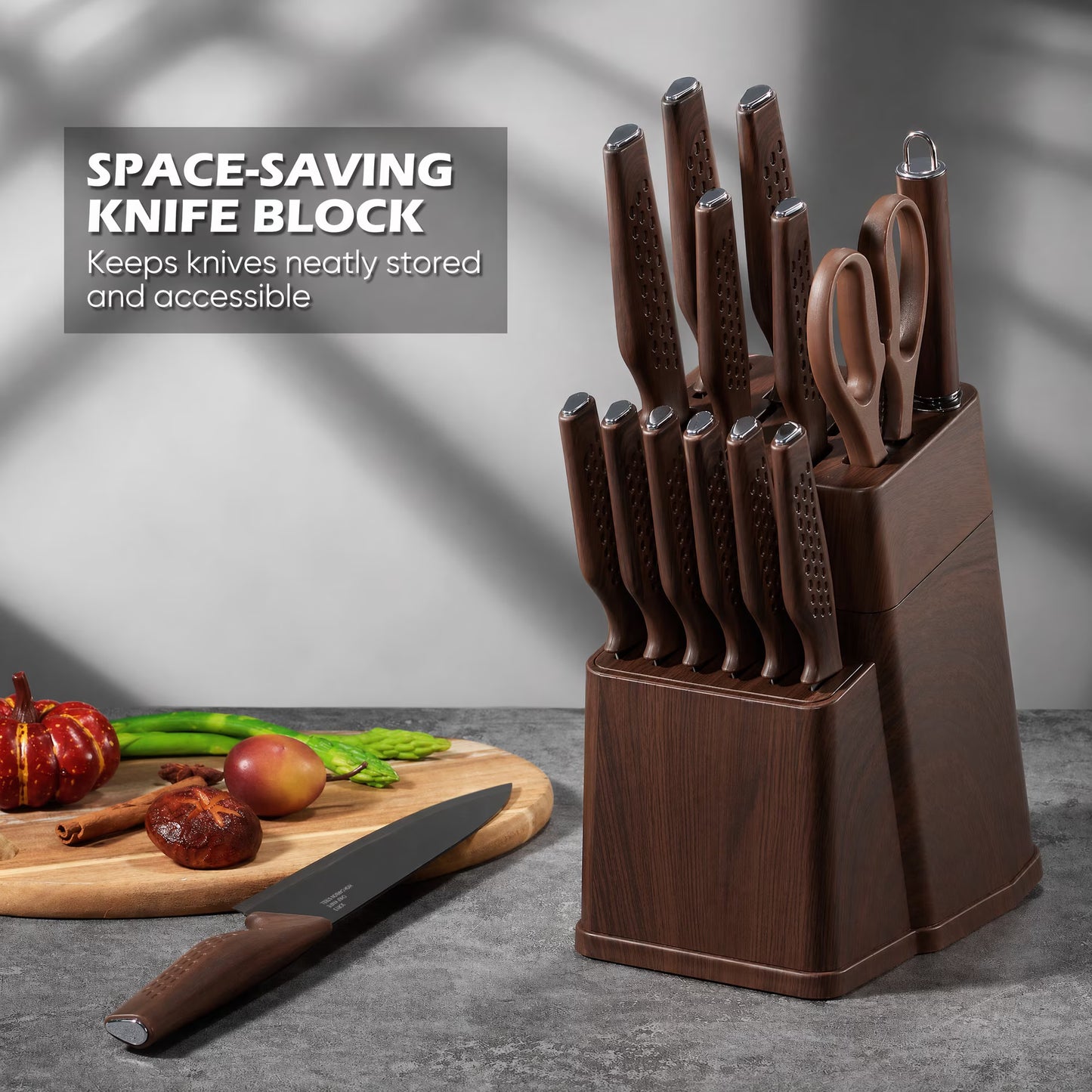 Vesteel Knife Block Set for Kitchen, 15-Piece High Carbon Stainless Steel Knives Set with Ergonomic Handle, Ultra-sharp & Rust Resistant, Walnut Brown