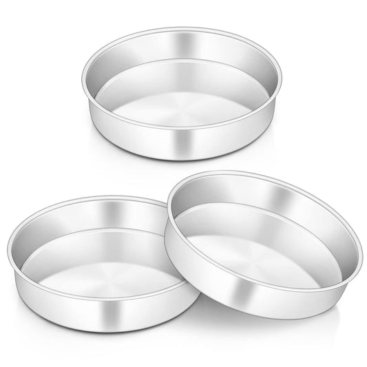 8 inch Cake Pan Set of 3, VeSteel Stainless Steel Round Layer Cake Baking Pans, Non-Toxic & Healthy, Mirror Finish & Dishwasher Safe