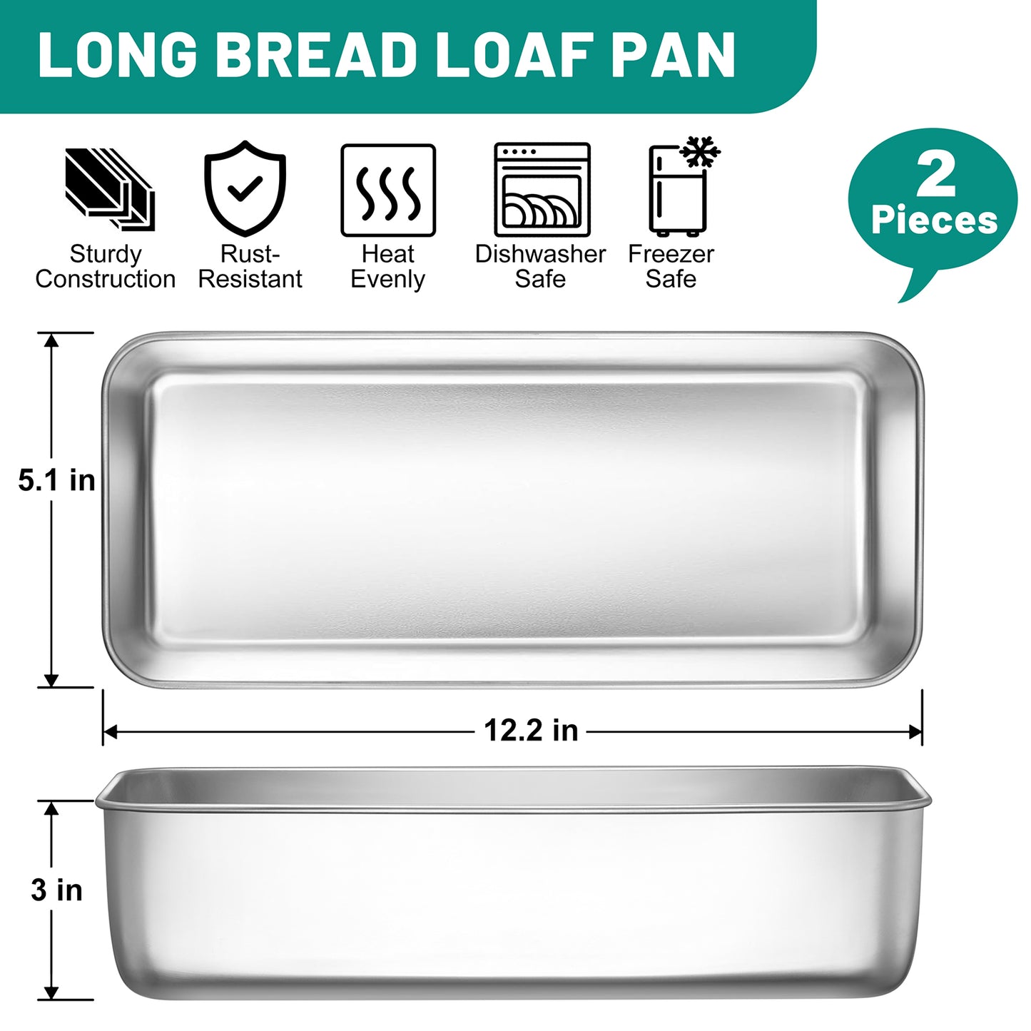 Vesteel 12 x 5 Inch Loaf Pan Set of 2, Stainless Steel Baking Bread Pans, Large Toast Baking Pans for Meatloaf, Cake & Homemade Bread, Non Toxic & Dishwasher Safe