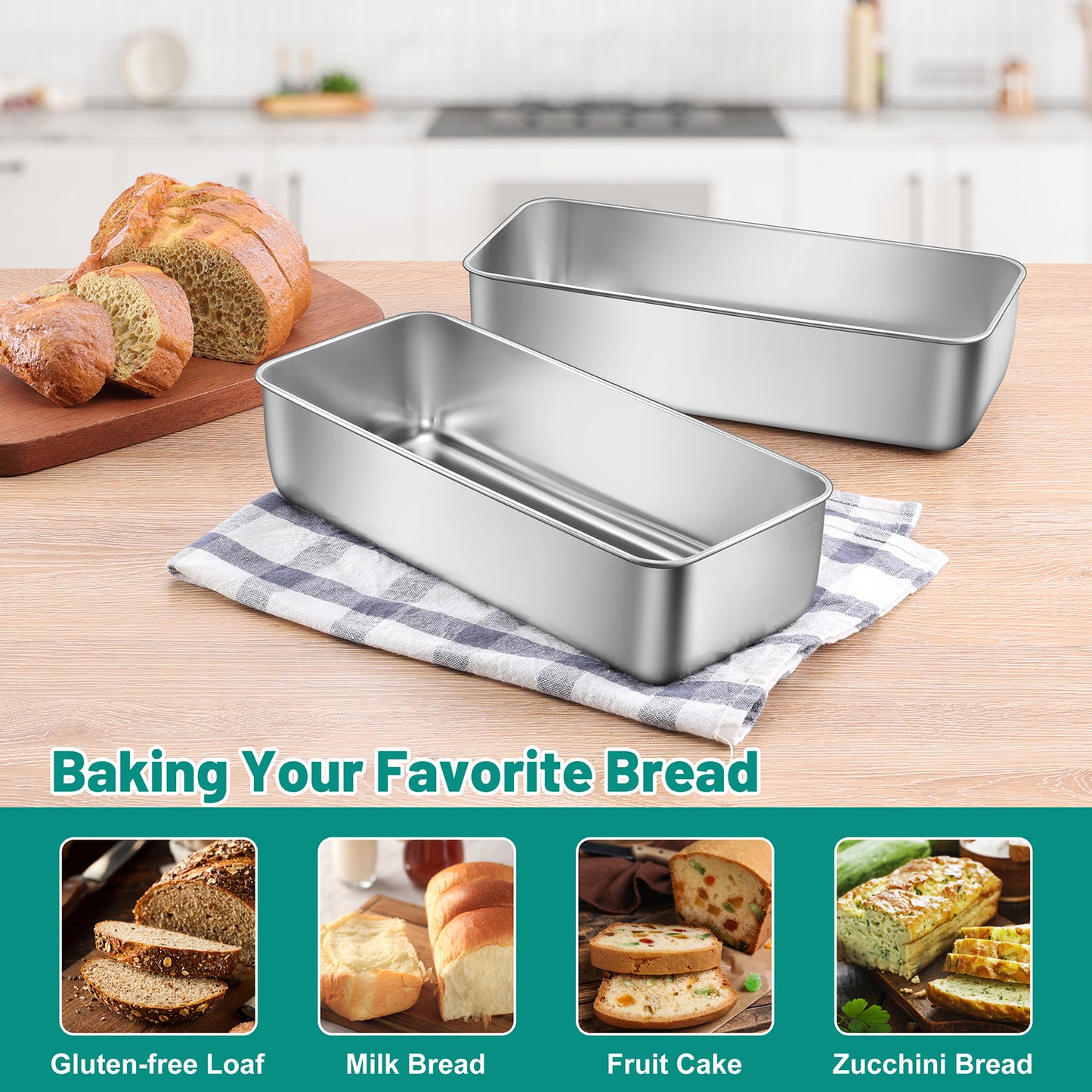 Vesteel 12 x 5 Inch Loaf Pan Set of 2, Stainless Steel Baking Bread Pans, Large Toast Baking Pans for Meatloaf, Cake & Homemade Bread, Non Toxic & Dishwasher Safe