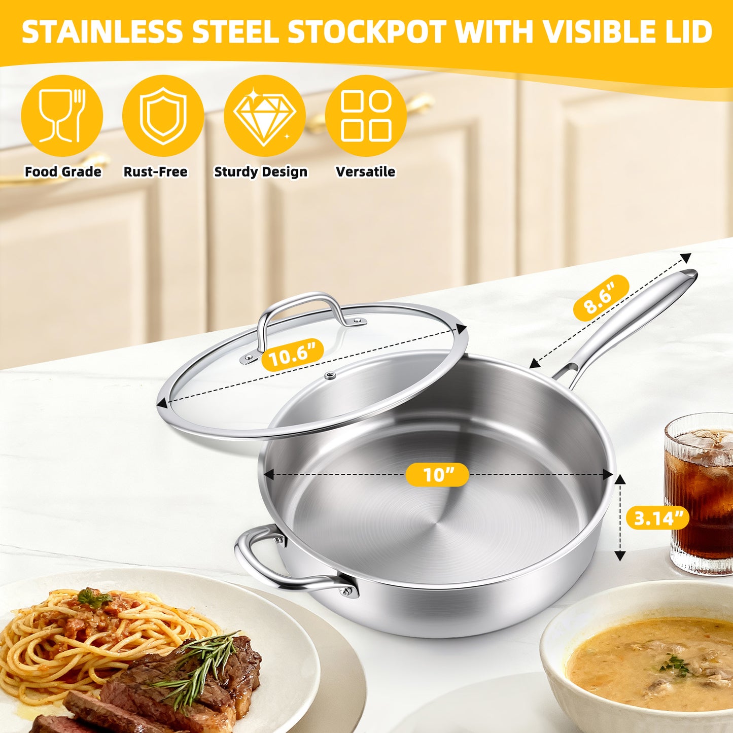 Vesteel 4.5 Quart Tri-Ply Saute Pan with Lid, 10” Stainless Steel Kitchen Skillet with Removable Handle, Healthy Non-toxic Cooking Pan, Induction Compatible & Dishwasher Safe