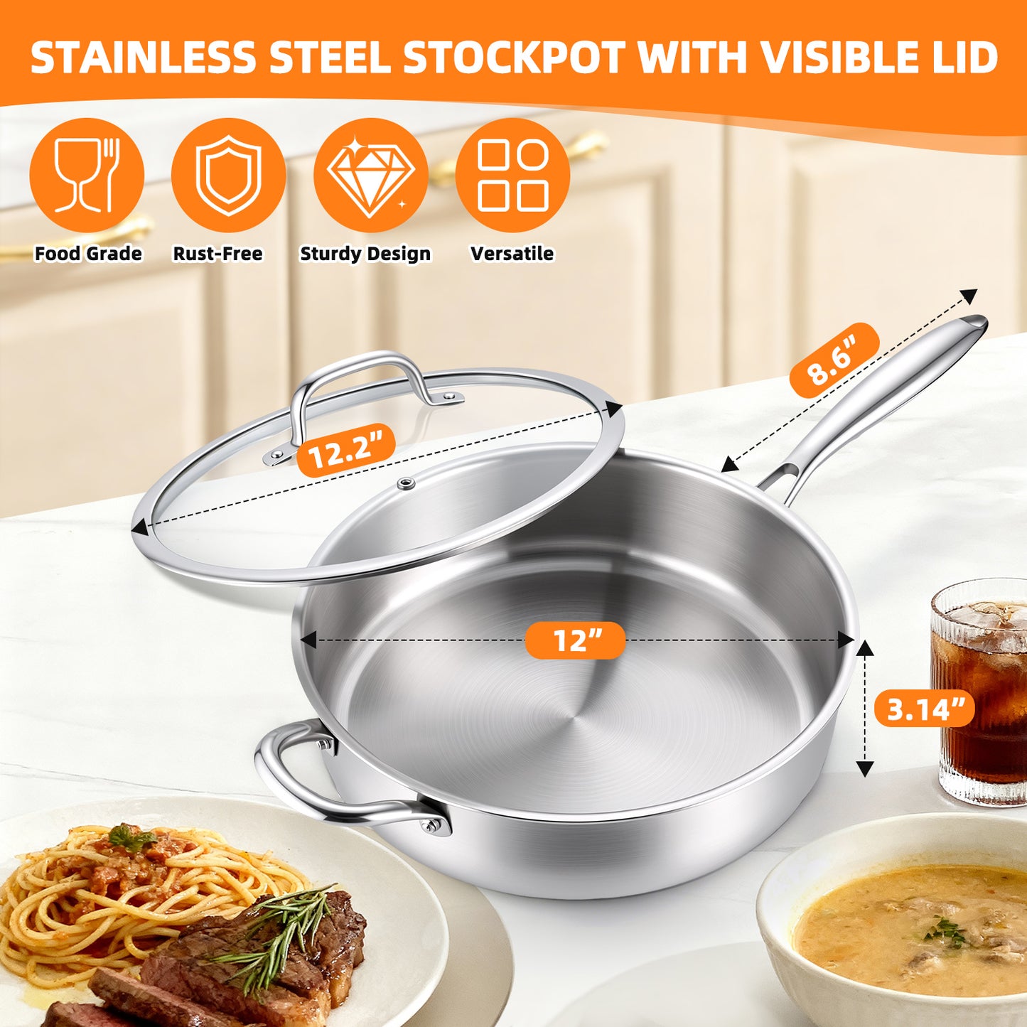 Vesteel 6 Quart Tri-Ply Saute Pan with Lid, 12” Stainless Steel Kitchen Skillet with Removable Handle, Healthy Non-toxic Cooking Pan, Induction Compatible & Dishwasher Safe