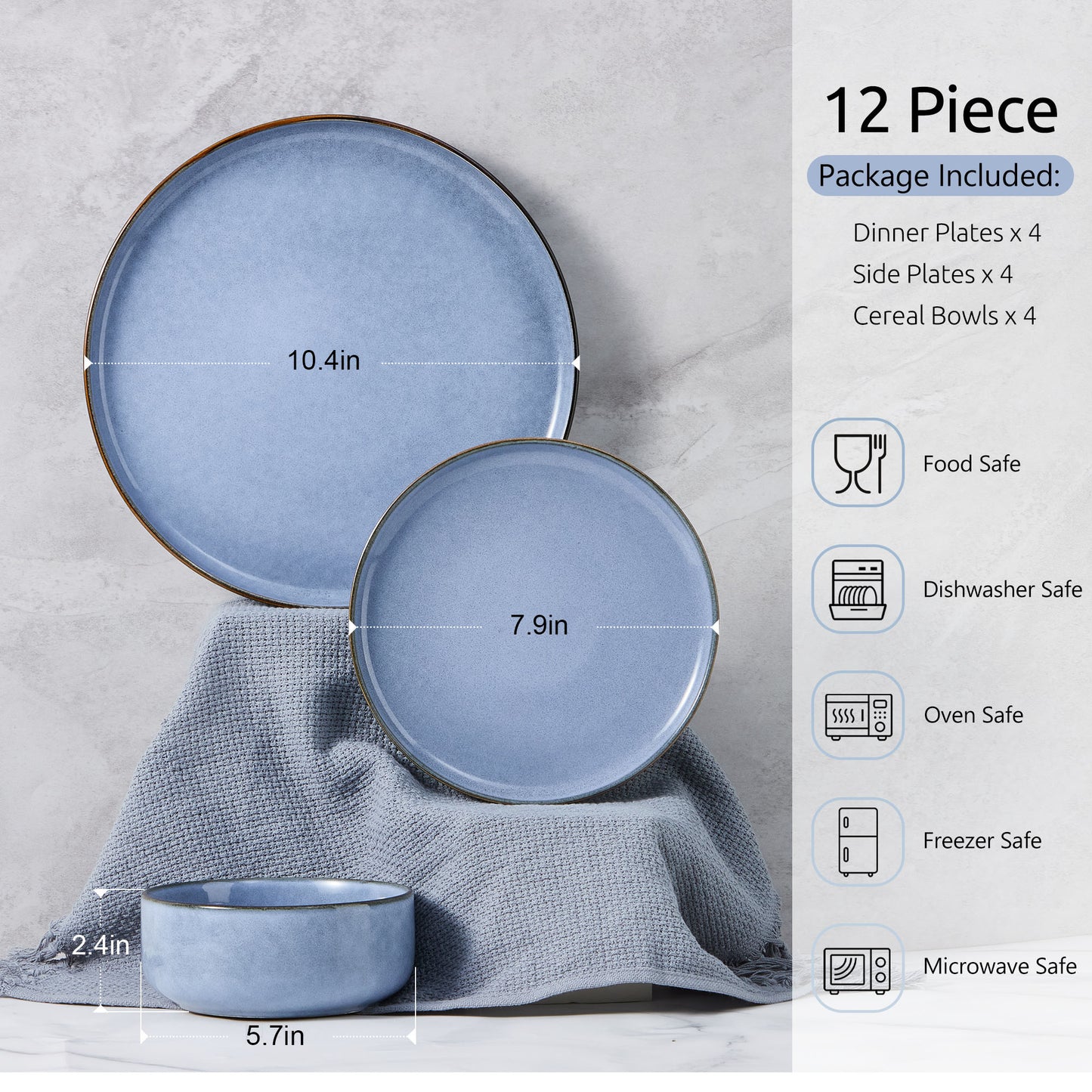 Onader 12 Piece Dinnerware Sets, Plates and Bowls Set for 4, Handmade Stoneware Dishes Sets for Home Restaurant, Dishwasher & Microwave Safe - Gray Blue