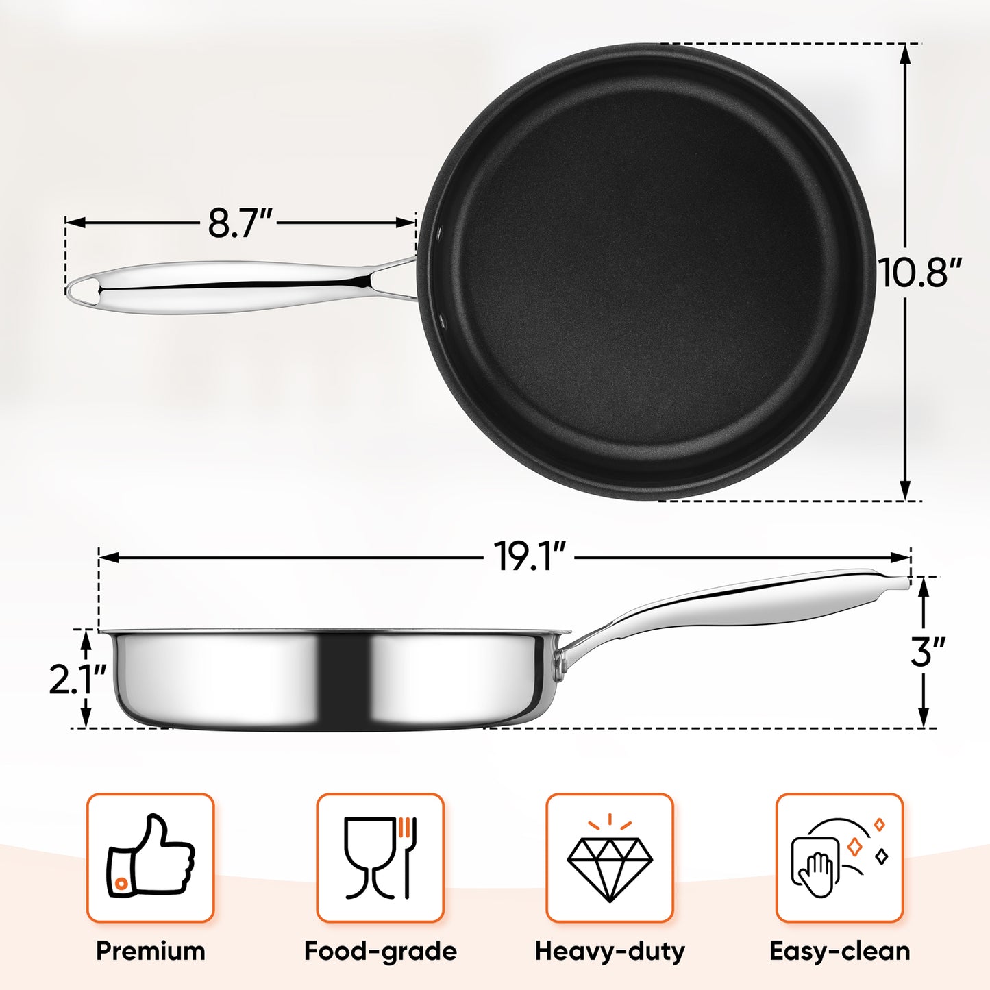 Vesteel 10” Nonstick Frying Pan, Tri-ply Stainless Steel for Kitchen Cooking Steaks Eggs, Skillet Suitable for Various Stovetops, Gas Electric Oven or Induction Safe, Dishwasher Safe