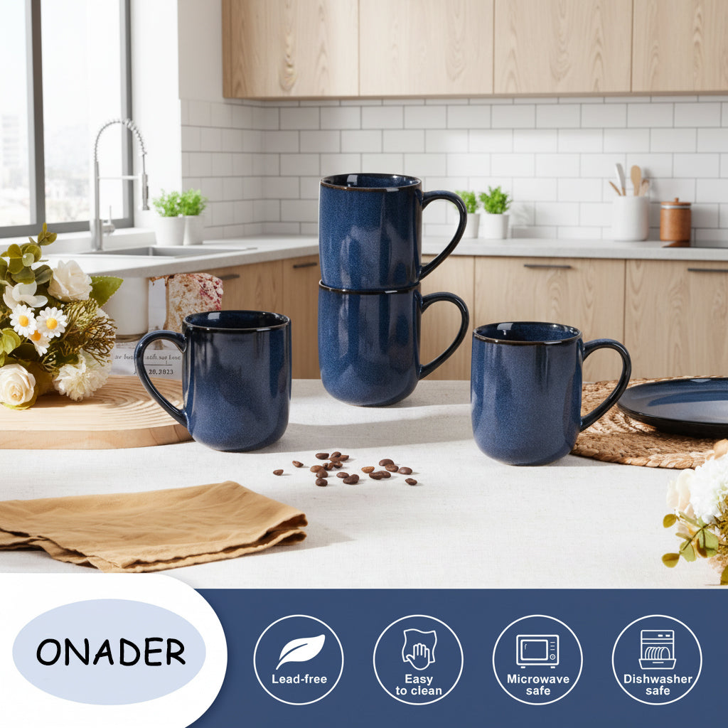Onader 14OZ Coffee Mugs Set of 4, Stoneware Coffee Mugs Set with Handle, Ceramic Coffee Cups for Latte/Tea/Cappuccino, Dishwasher & Microwave Safe - Starry Blue