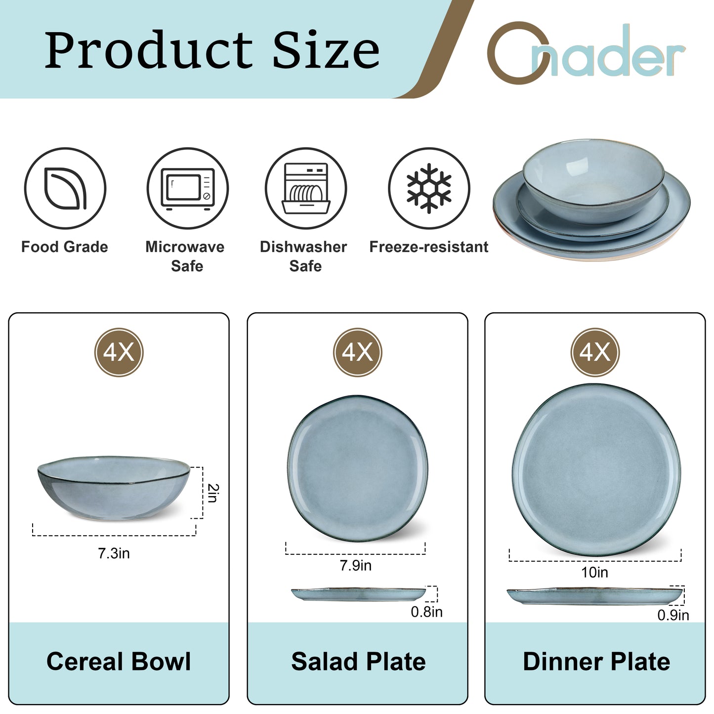 Onader 12 Piece Dinnerware Sets, Plates and Bowls Dish Set for 4, Irregular Handmade Dinner Ware Dishware for Kitchen Dinning, Microwave & Dishwasher Safe - Smoky Blue