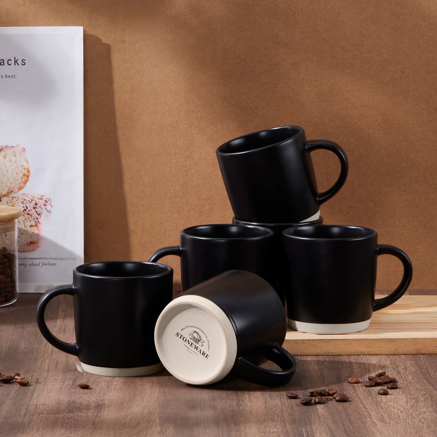 Vesteel Coffee Mugs Set of 6, 12oz Ceramic Coffee Cups Set with Makeup Clay for Coffee Tea Milk, Mug Gifts for Thanksgiving Day Anniversary, Matte Black