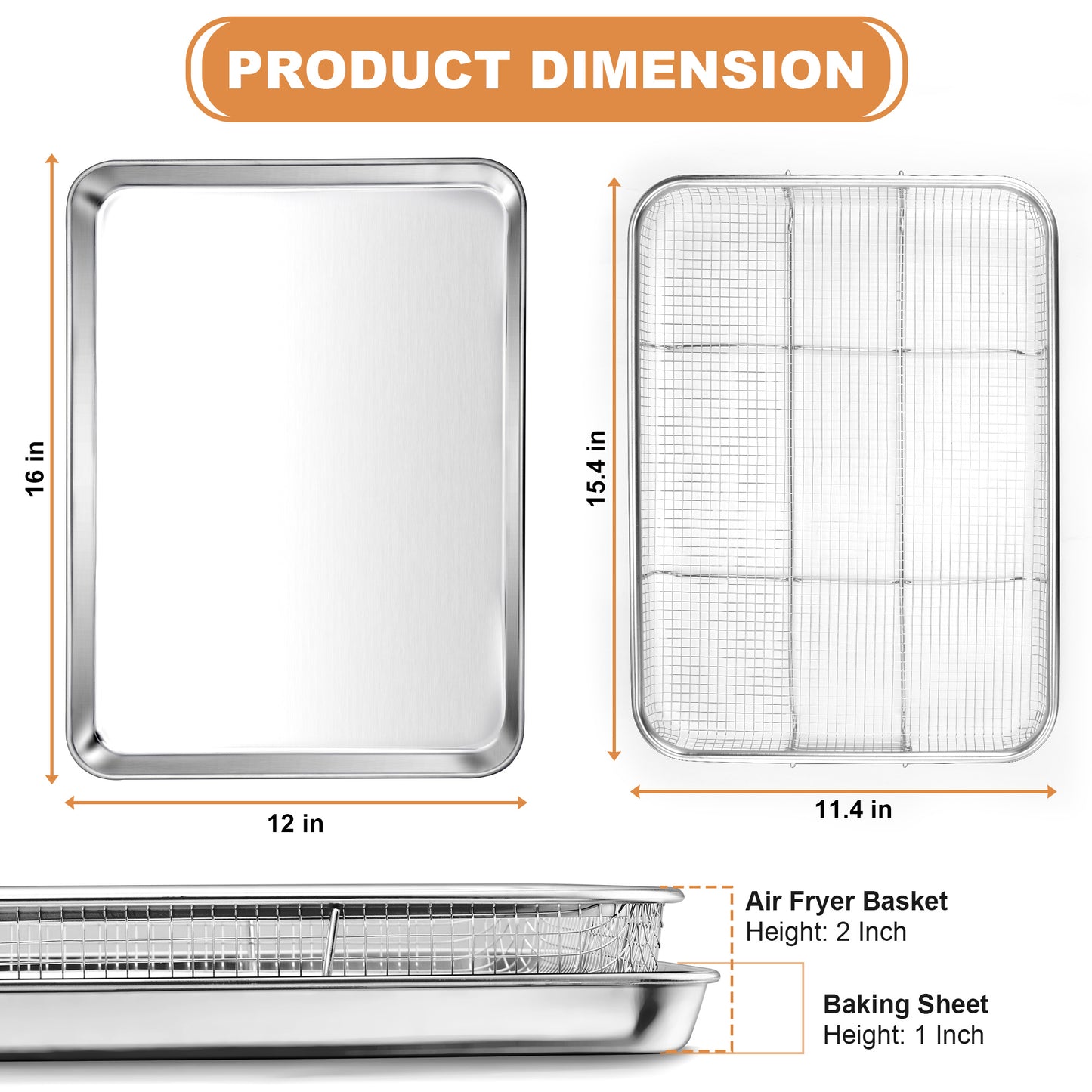 Vesteel 16 inch Air Fryer Pan with Basket Set of 2, Stainless Steel Oven Crisper Tray for Baking, Roasting, and Healthy Cooking, Dishwasher Safe