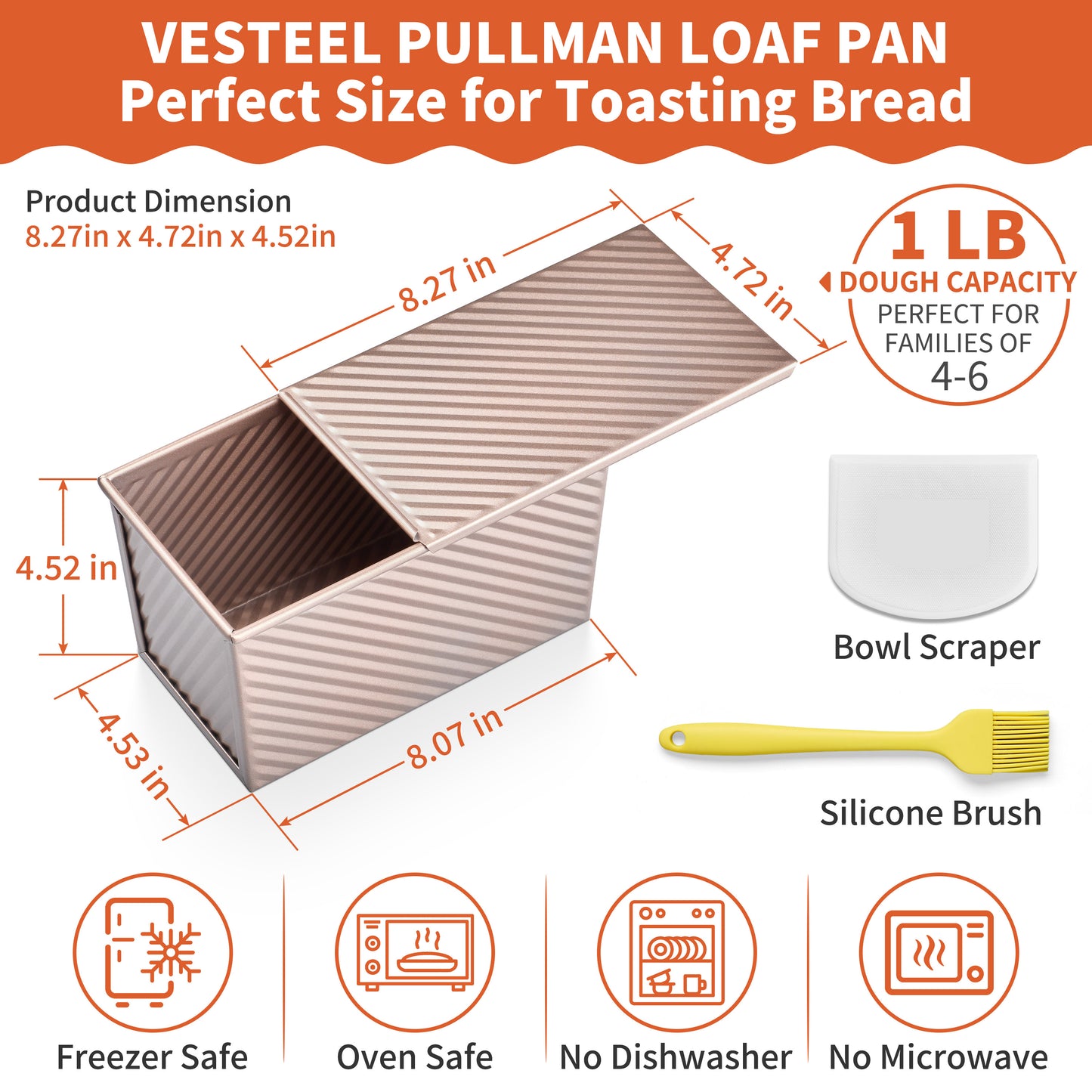 Vesteel Pullman Loaf Pan with Lid, 1 Pound Dough Capacity Rectangular Bread Pan for Homemade Bread, Non-Stick Long Bread Pan with Dough Scraper & Silicone Brush, Rose Gold