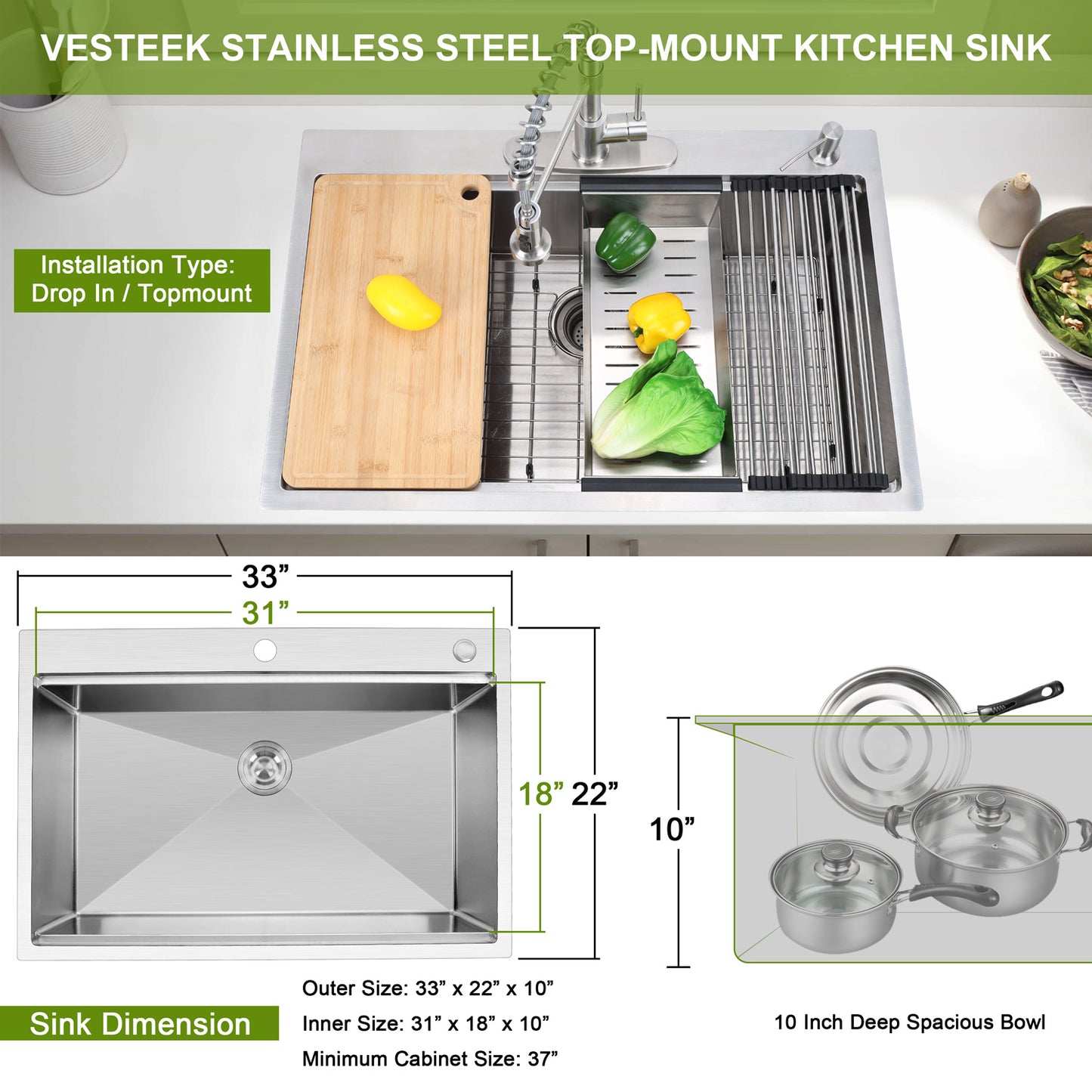 Vesteel Workstation Kitchen Sink, 33” x 22” Drop In Stainless Steel Single Bowl Sink Basin, Topmount Sink include 4 Sink Accessories