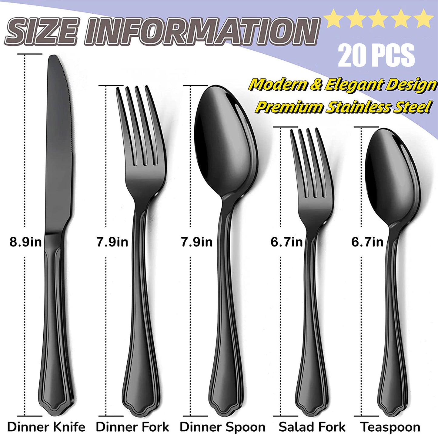 Vesteel 20-Piece Black Silverware Set for 4, Stainless Steel Flatware Cutlery Set with Scalloped Edge, Modern Tableware Eating Utensils Set