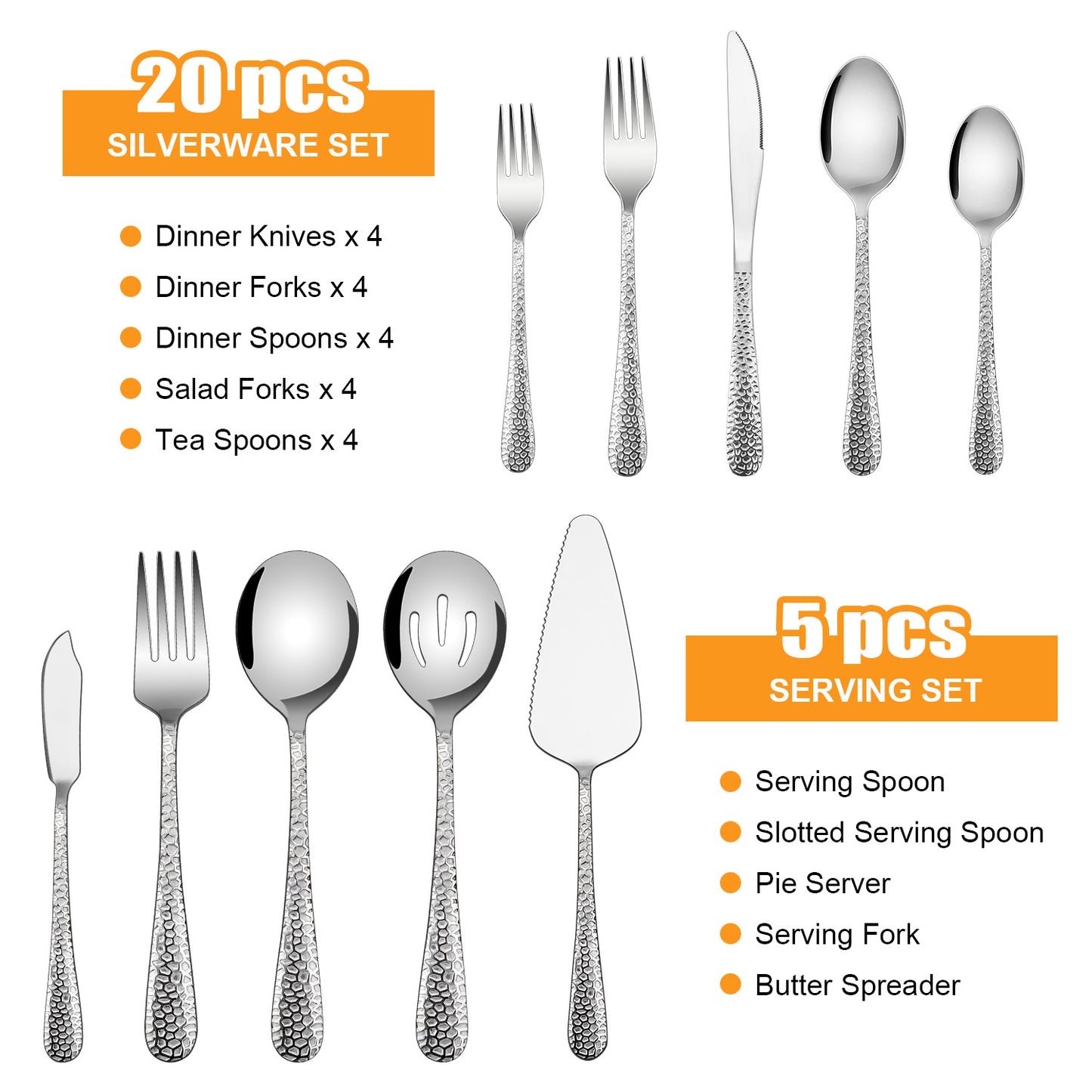 Vesteel 25 Piece Hammered Silverware Set with Serving Utensils, Stainless Steel Flatware Cutlery Set for 4, Heavy Duty Eating Utensils Tableware, Mirror Polished & Dishwasher Safe