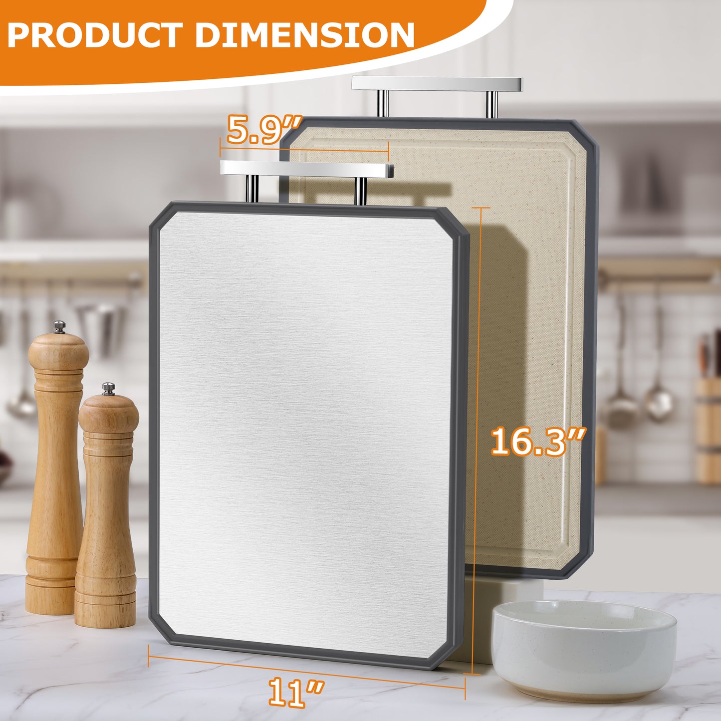 Vesteel Double Side Cutting Board, 16” x 11” Cutting Board with Stainless Steel Handle for Kitchen, Non Toxic Chopping Board for Meat and Vegetables, Dishwasher Safe & Scratch Resistant