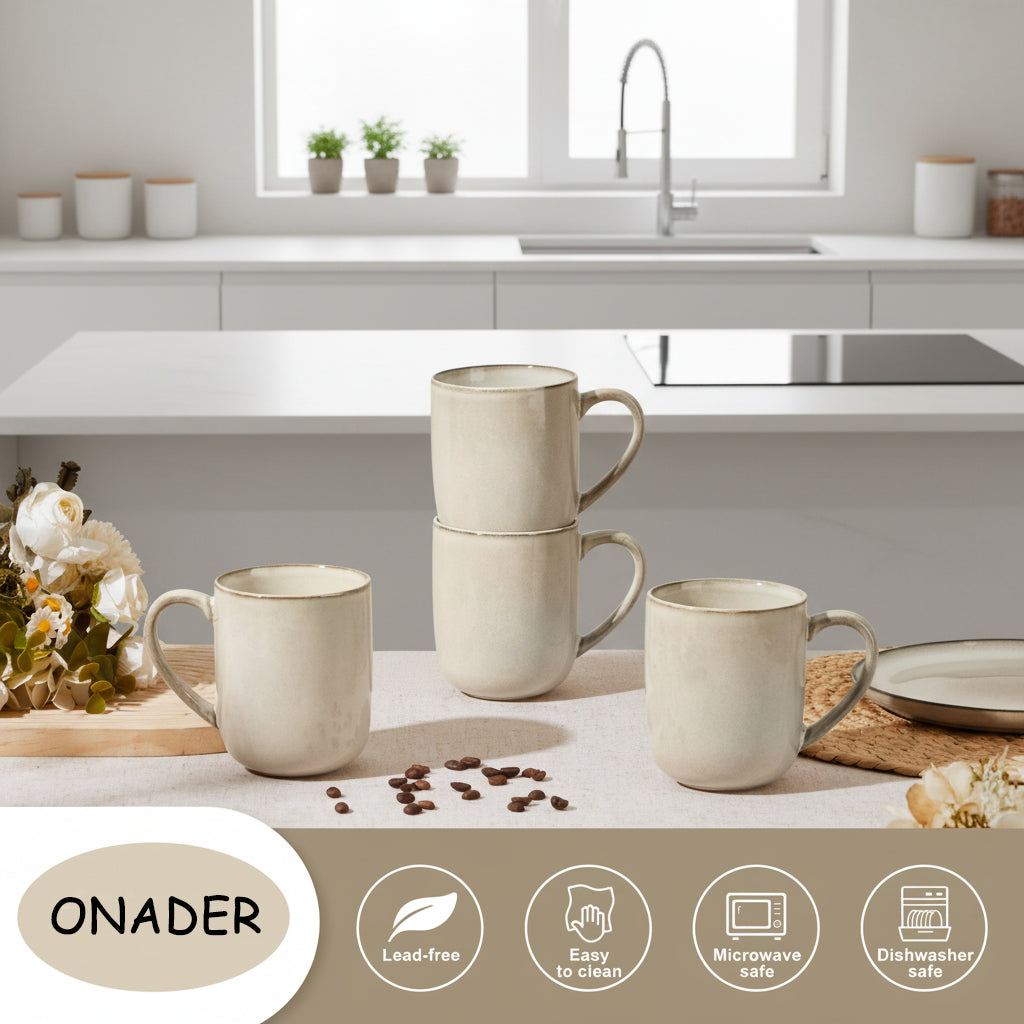 Onader 14OZ Coffee Mugs Set of 4, Stoneware Coffee Mugs Set with Handle, Ceramic Coffee Cups for Latte/Tea/Cappuccino, Dishwasher & Microwave Safe - Khaki