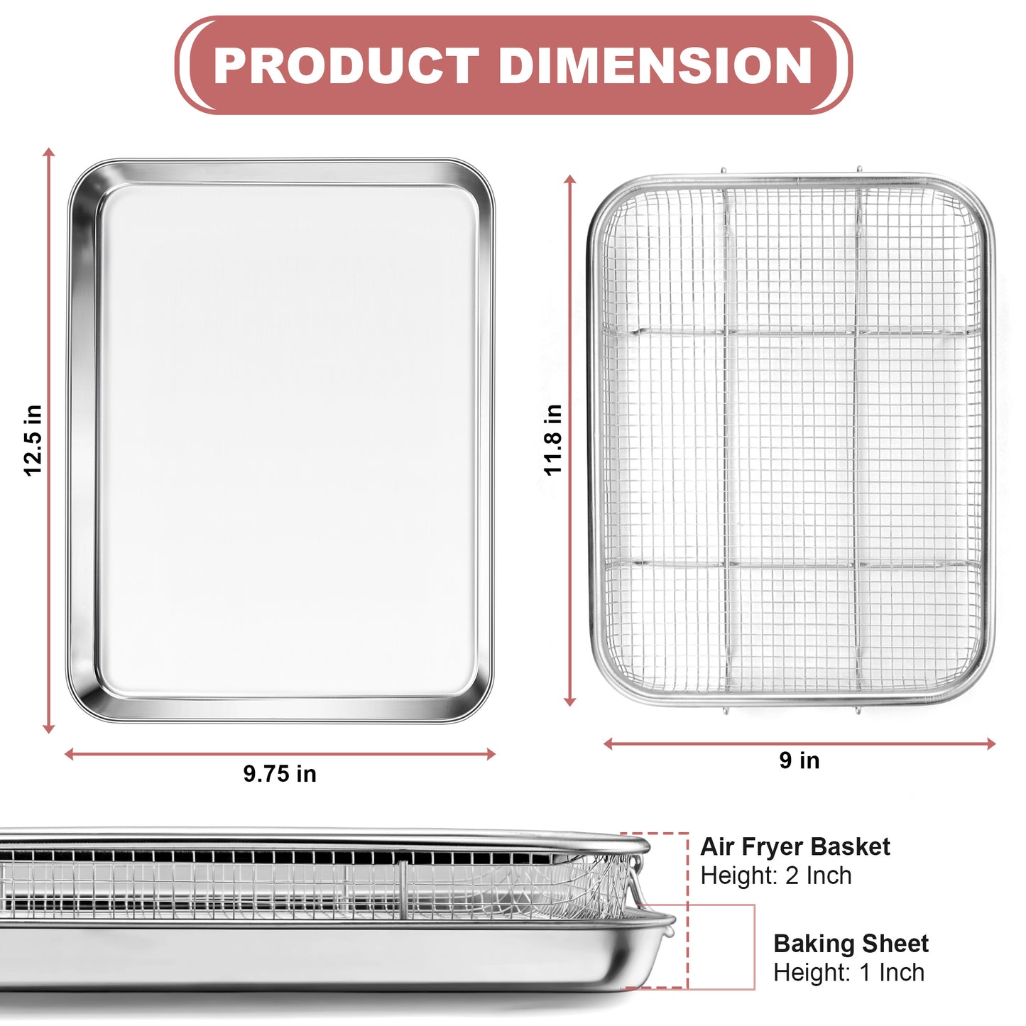 Vesteel 12.5 inch Air Fryer Pan with Basket Set of 2, Stainless Steel Oven Crisper Tray for Baking, Roasting, and Healthy Cooking, Dishwasher Safe