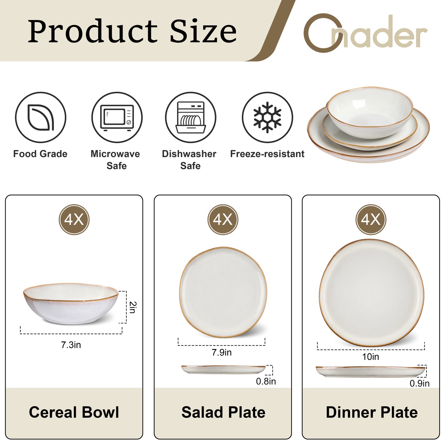 Onader 12 Piece Dinnerware Sets, Plates and Bowls Dish Set for 4, Irregular Handmade Dinner Ware Dishware for Kitchen Dinning, Microwave & Dishwasher Safe - Pearl White