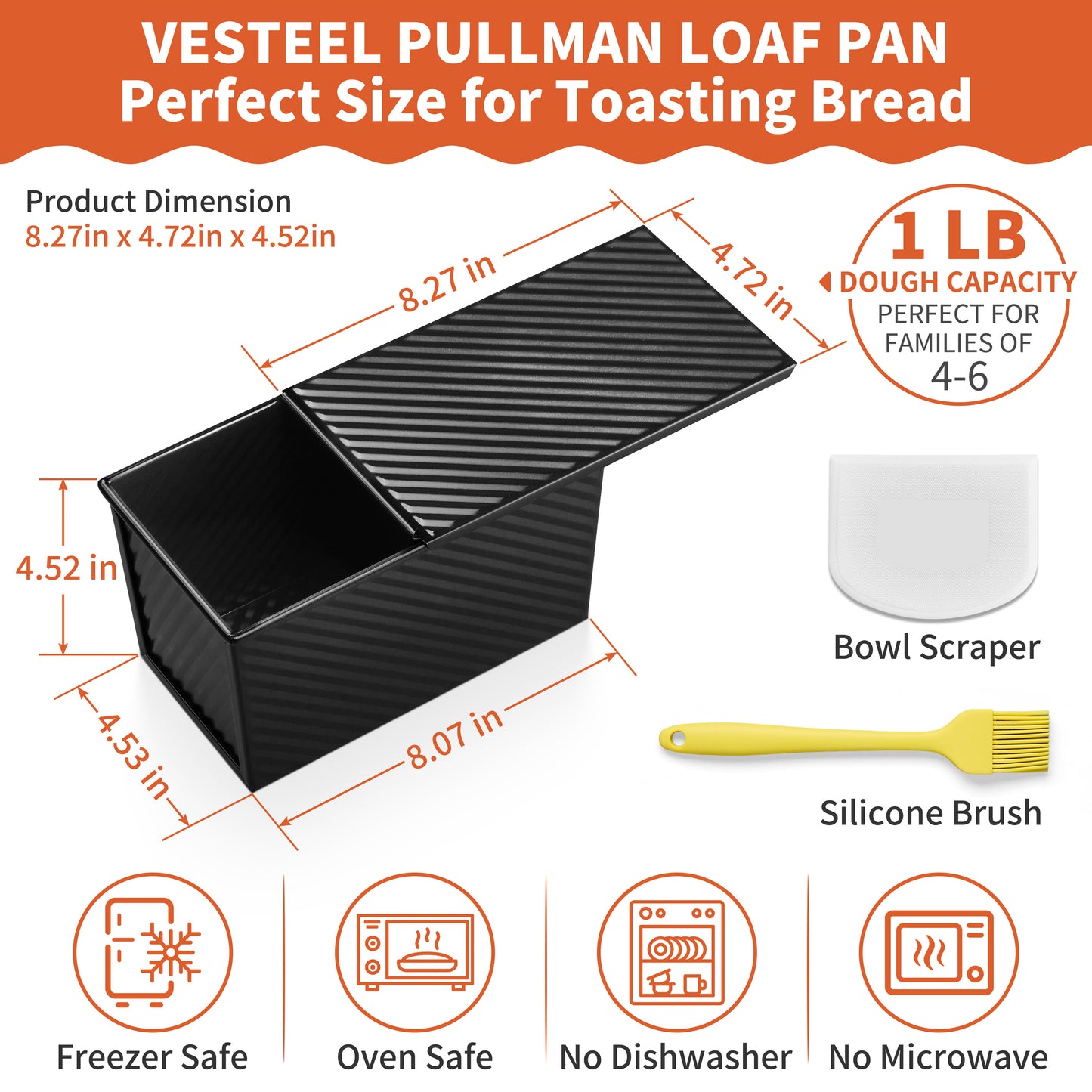 Vesteel Pullman Loaf Pan with Lid, 1 Pound Dough Capacity Rectangular Bread Pan for Homemade Bread, Non-Stick Long Bread Pan with Dough Scraper & Silicone Brush, Black