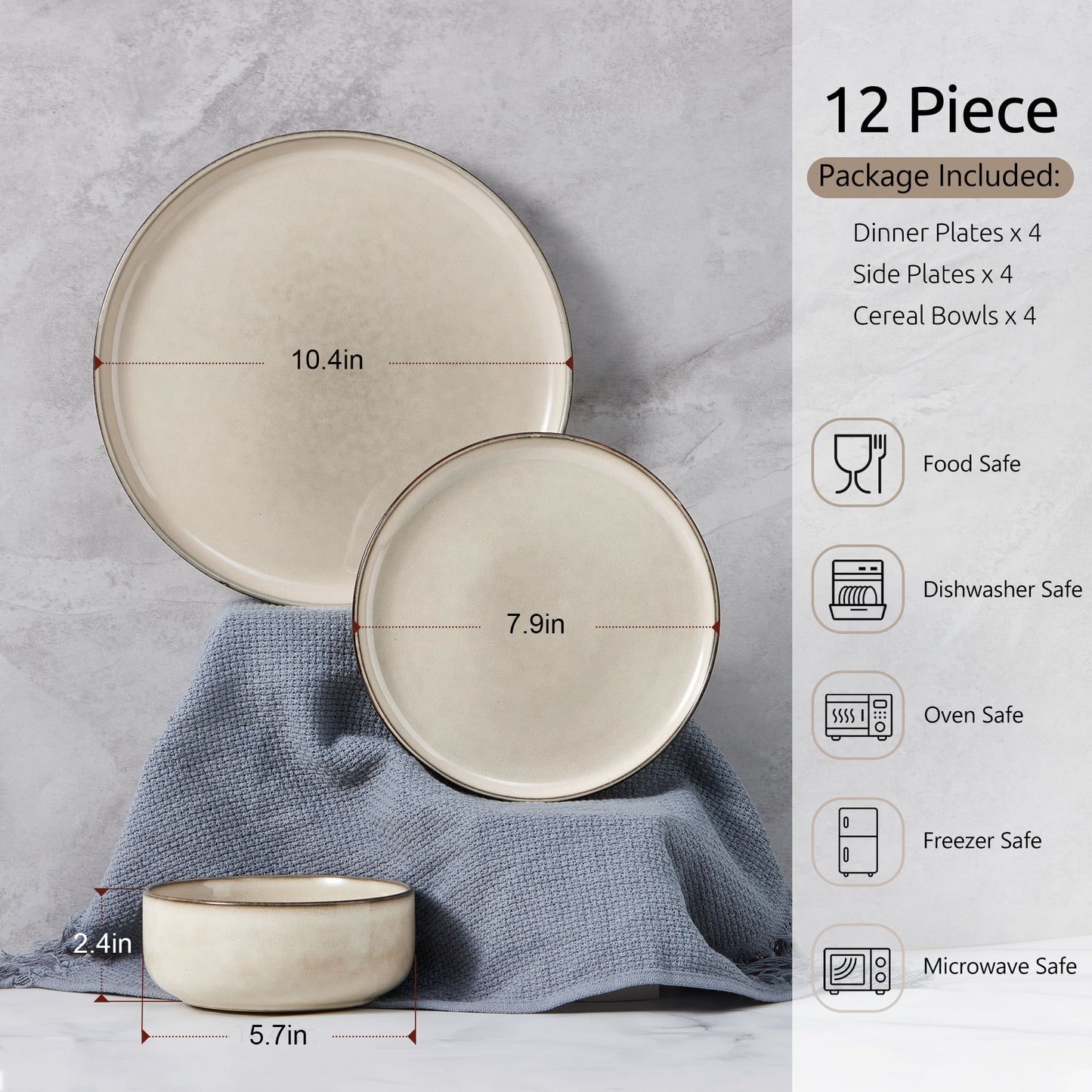 Onader 12 Piece Dinnerware Sets, Plates and Bowls Set for 4, Handmade Stoneware Dishes Sets for Home Restaurant, Dishwasher & Microwave Safe - Khaki