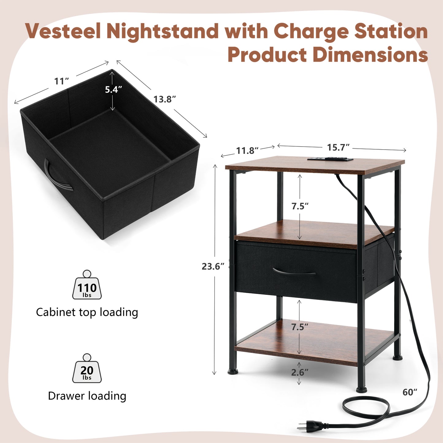 Vesteel Nightstand with Charging Station, 3-Tier Storage End Table with Drawer Shelf, Night Stand for Small Spaces, Bed Side Table for Living Room Bedroom - Rustic Brown