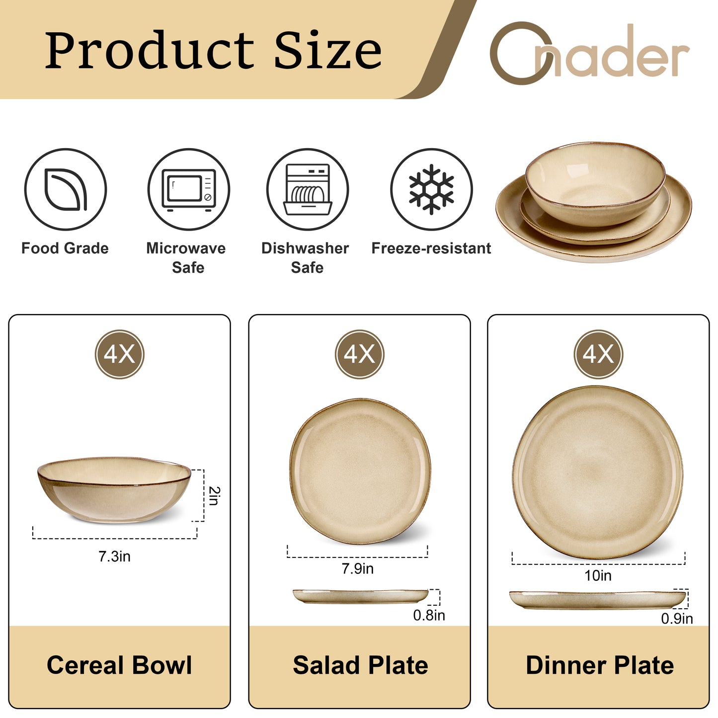 Onader 12 Piece Dinnerware Sets, Plates and Bowls Dish Set for 4, Irregular Handmade Dinner Ware Dishware for Kitchen Dinning, Microwave & Dishwasher Safe - Cream Khaki