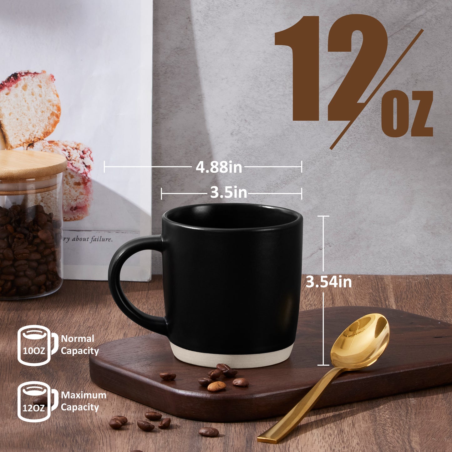 Vesteel Coffee Mugs Set of 6, 12oz Ceramic Coffee Cups Set with Makeup Clay for Coffee Tea Milk, Mug Gifts for Thanksgiving Day Anniversary, Matte Black