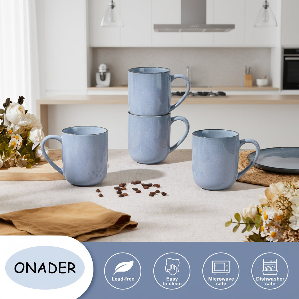 Onader 14OZ Coffee Mugs Set of 4, Stoneware Coffee Mugs Set with Handle, Ceramic Coffee Cups for Latte/Tea/Cappuccino, Dishwasher & Microwave Safe - Grey Blue