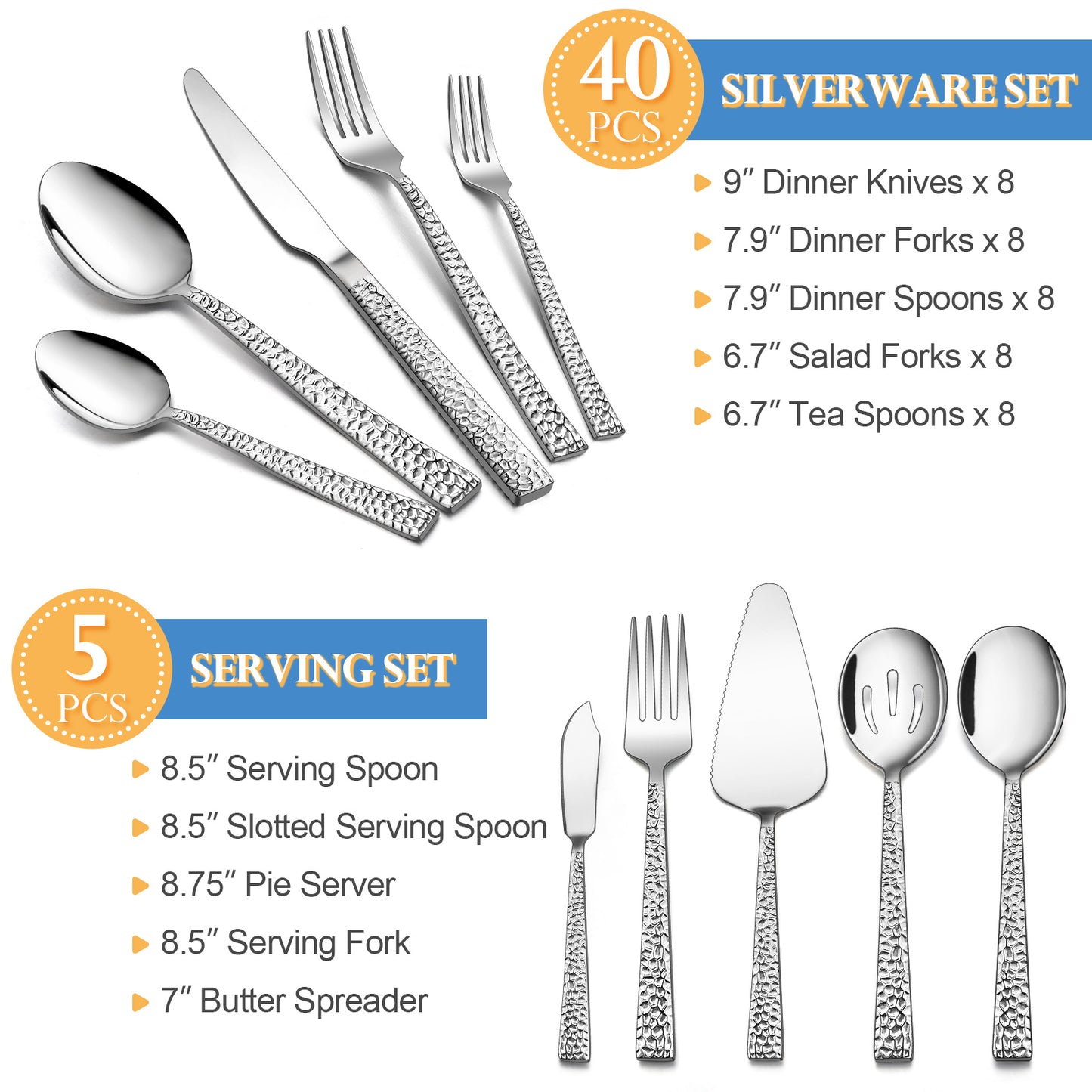 Vesteel 40-Piece Hammered Silverware Set with 5 Serving Utensils, Stainless Steel Square Flatware Tableware Cutlery Set Service for 8, Heavy Duty & Dishwasher Safe