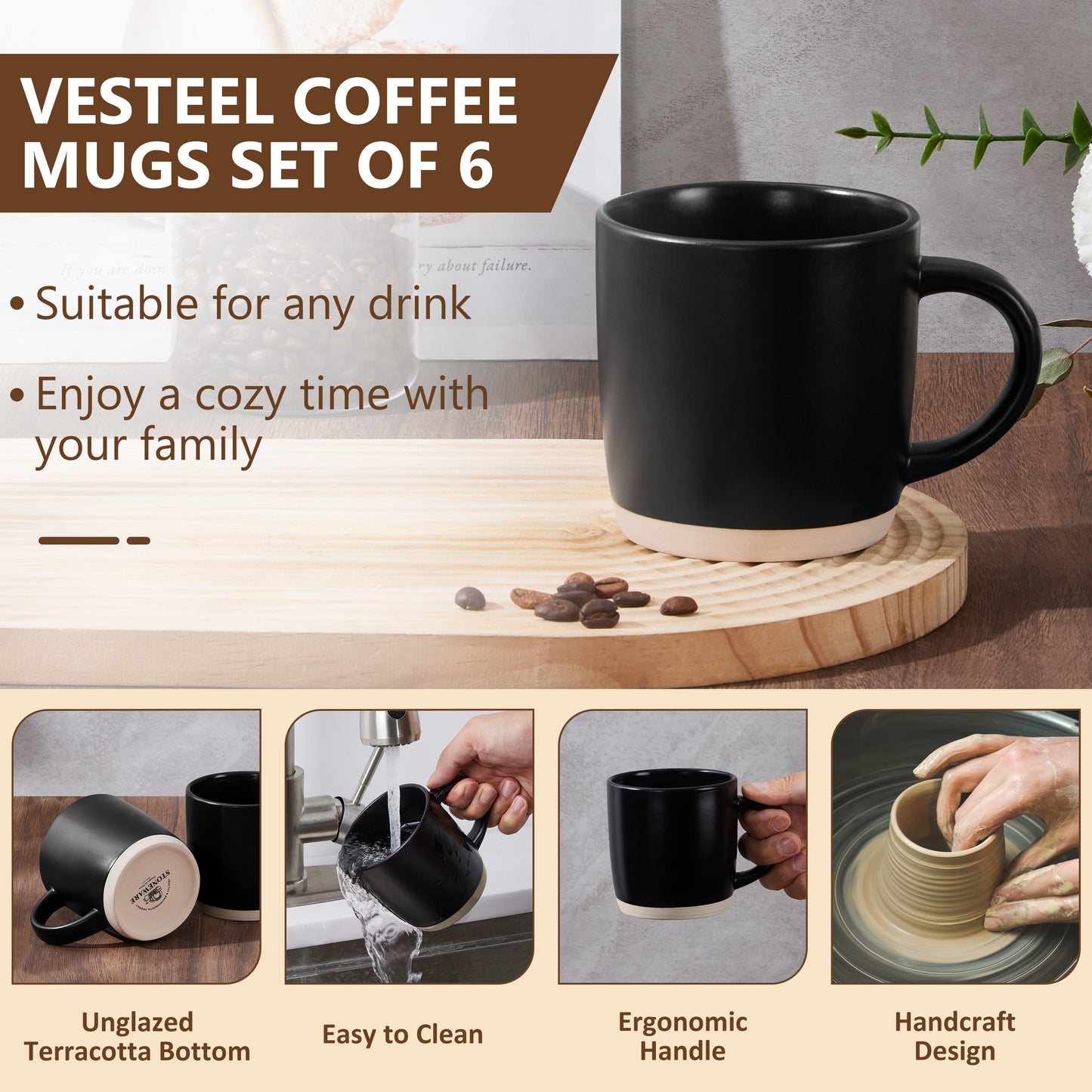 Vesteel Coffee Mugs Set of 6, 12oz Ceramic Coffee Cups Set with Makeup Clay for Coffee Tea Milk, Mug Gifts for Thanksgiving Day Anniversary, Matte Black