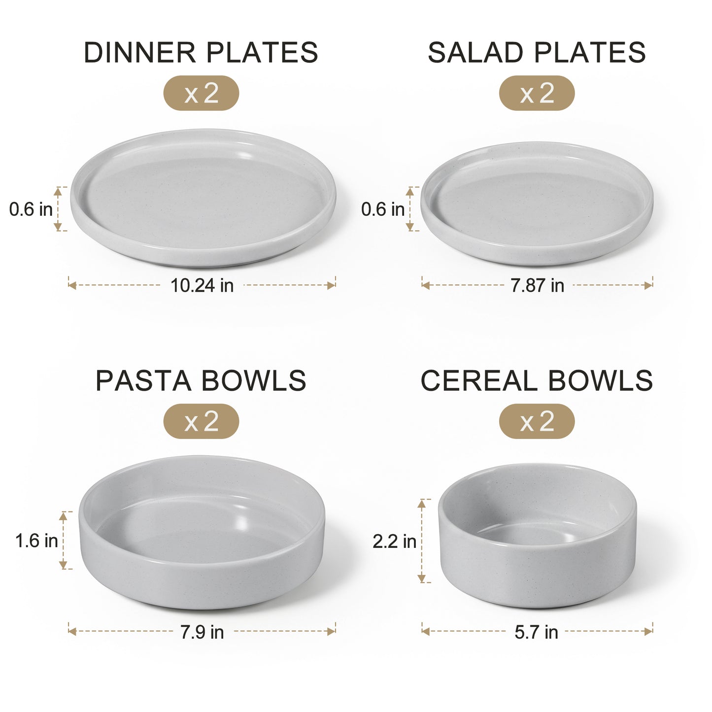 Onader 8-Piece Stoneware Dinnerware Set, Speckled Porcelain Plates and Bowls for the Kitchen, High-Quality Handcrafted Ceramic Dinnerware, Microwave & Dishwasher Safe - Light Gray