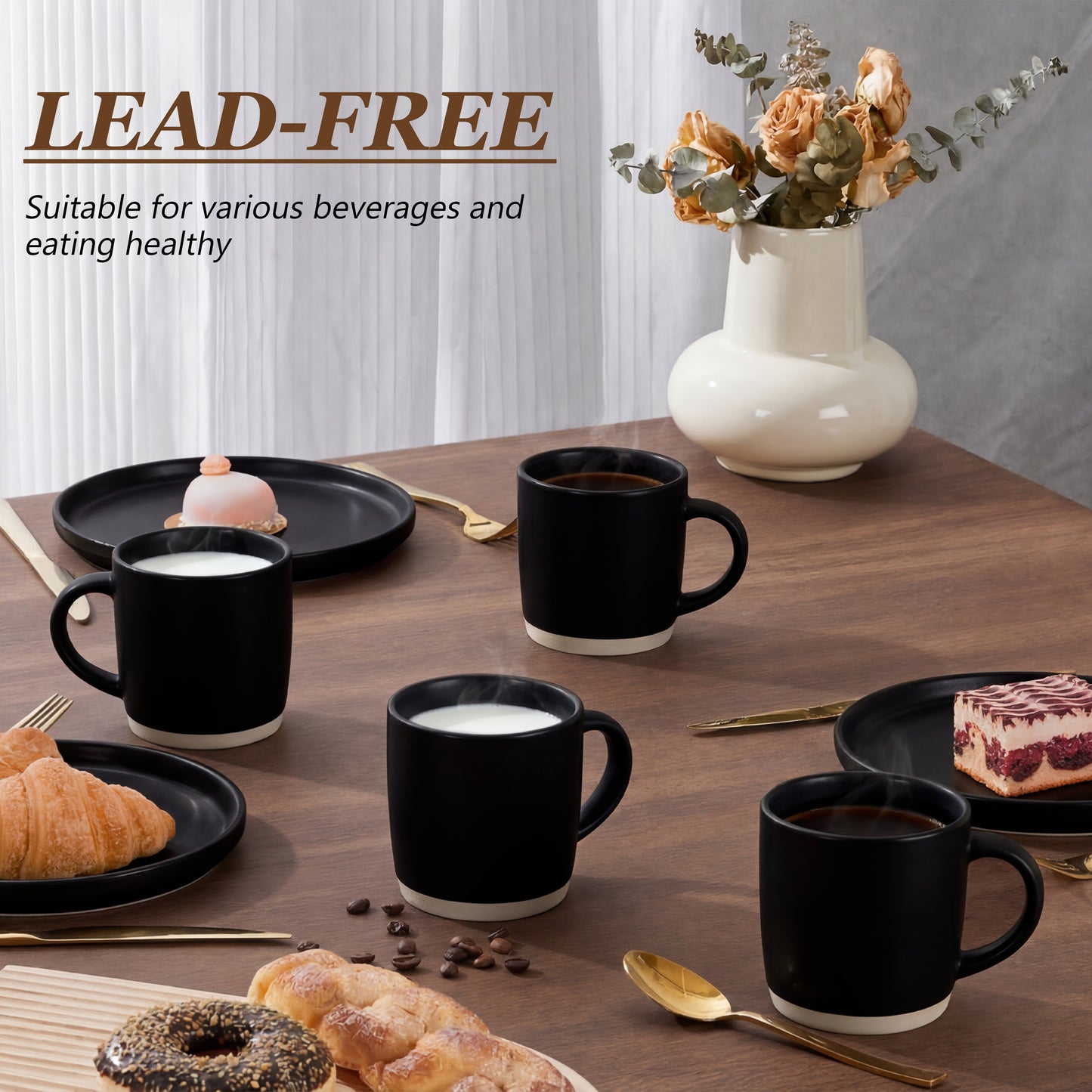 Vesteel Coffee Mugs Set of 6, 12oz Ceramic Coffee Cups Set with Makeup Clay for Coffee Tea Milk, Mug Gifts for Thanksgiving Day Anniversary, Matte Black