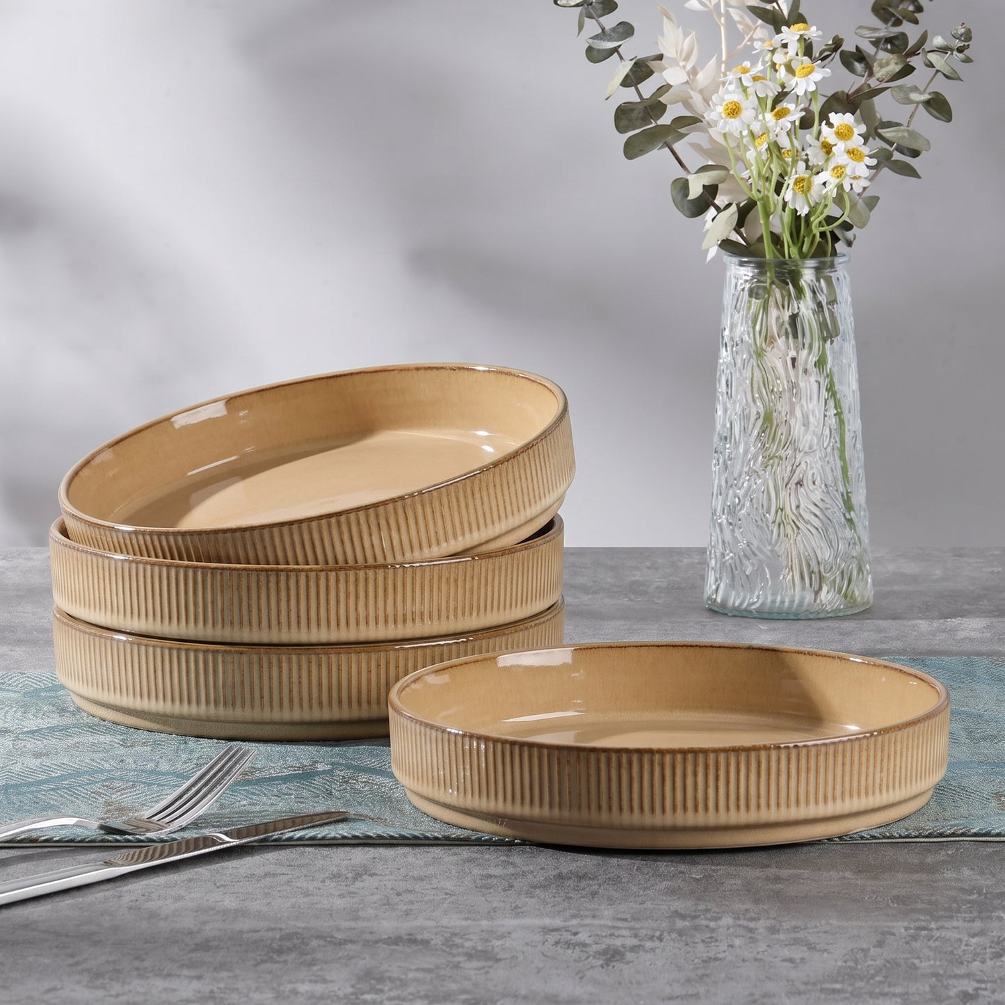 Vesteel Pasta Bowls Set of 4, 32oz Large Salad Bowls for Dinner Serving Soup, Ceramic Stoneware Pasta Plates with Textured Stripes, Microwave & Dishwasher Safe, Khaki