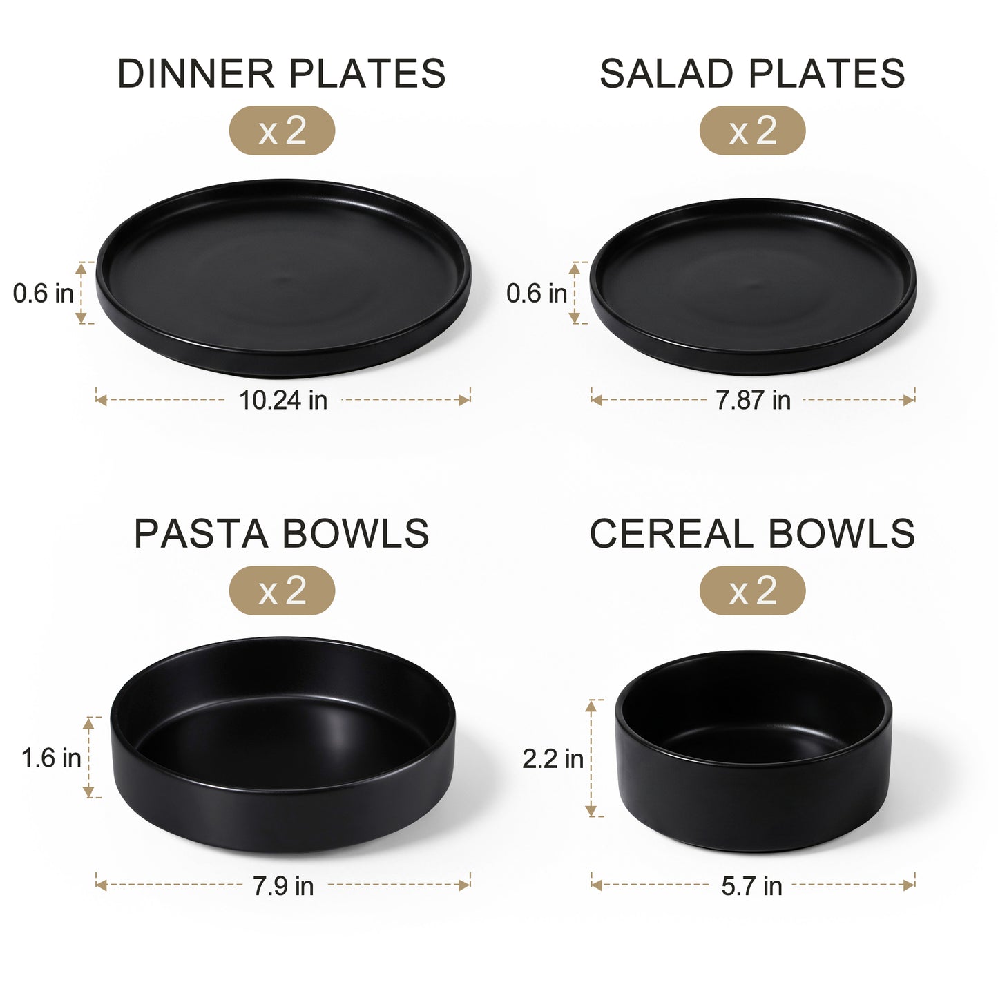 Onader 8-Piece Stoneware Dinnerware Set, Vertical Plates and Bowls for the Kitchen, Premium Glaze Handcrafted Ceramic Dinnerware, Microwave & Dishwasher Safe - Matte Black
