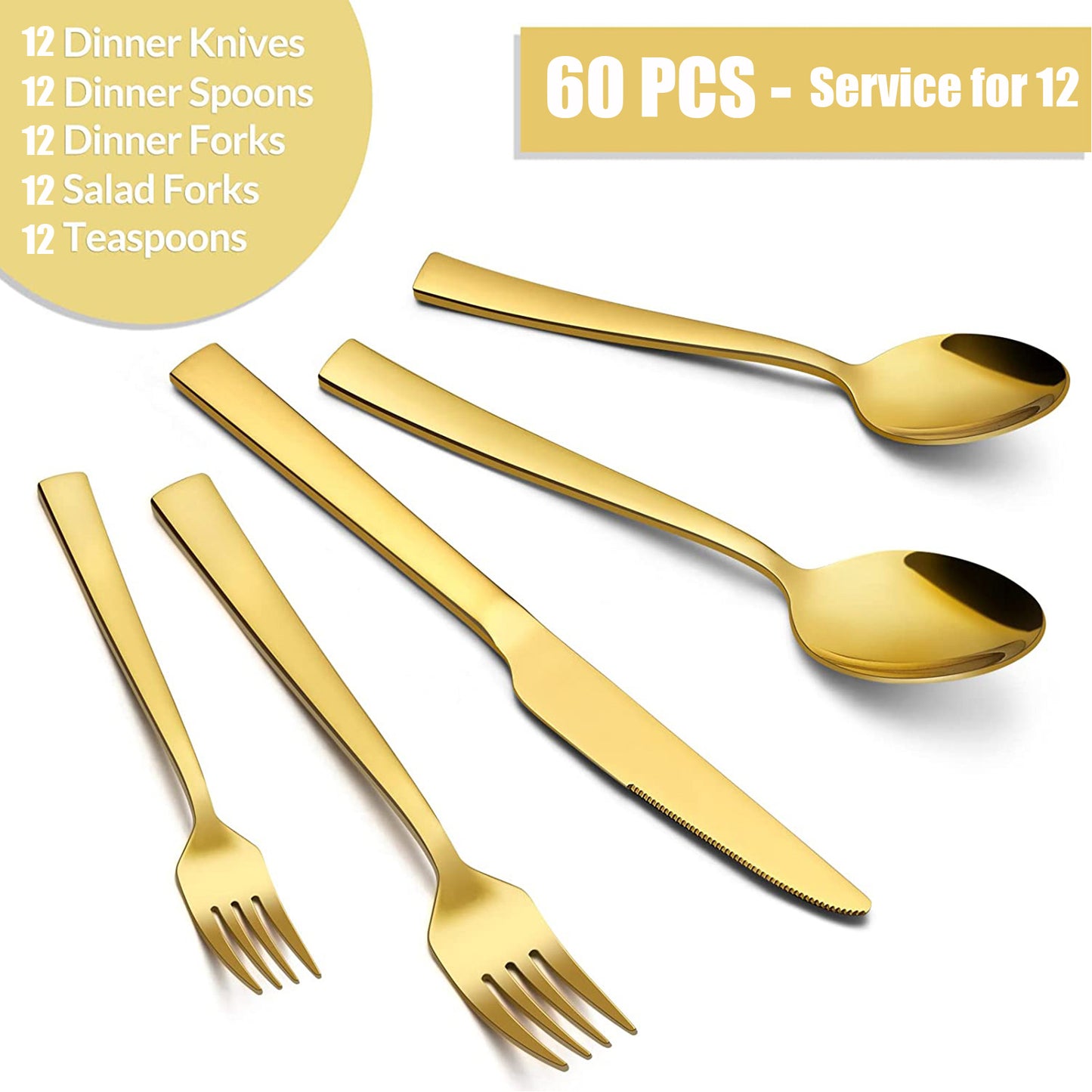 60-Piece Gold Silverware Set, Vesteel Stainless Steel Flatware Set Service for 12, Cutlery Eating Utensil Set Includes Dinner Forks/Spoons/Knives, Square Edge & Mirror Polished, Dishwasher Safe