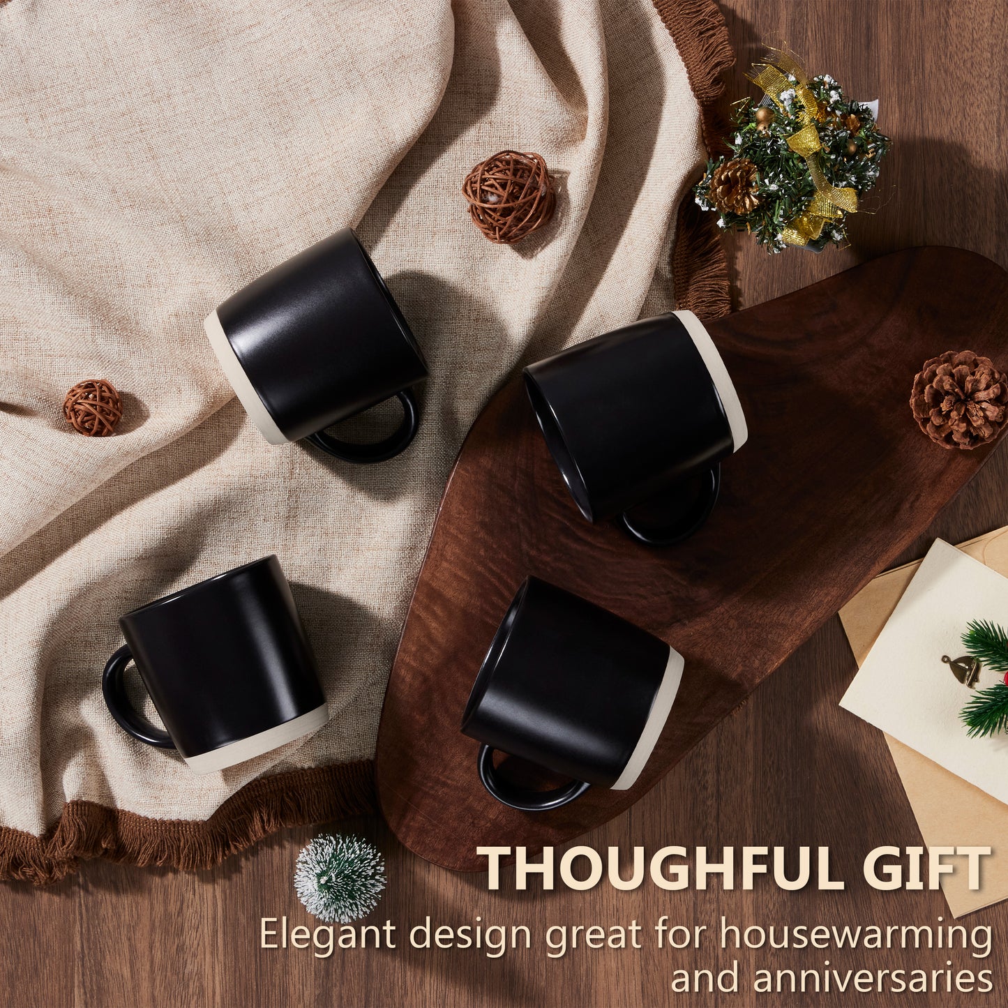 Vesteel Coffee Mugs Set of 6, 12oz Ceramic Coffee Cups Set with Makeup Clay for Coffee Tea Milk, Mug Gifts for Thanksgiving Day Anniversary, Matte Black