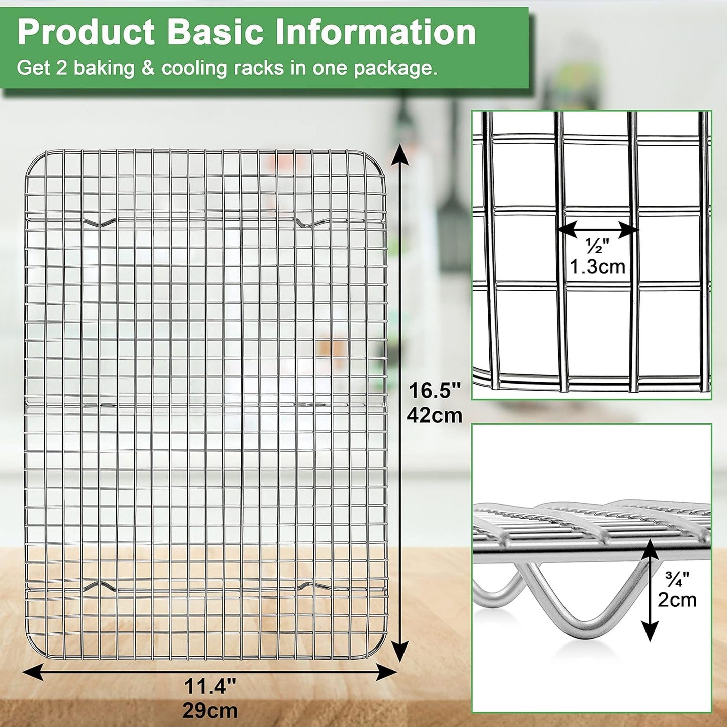 Vesteel Baking Rack Set of 2, Stainless Steel Cooling Rack for Baking Cooking Roasting , 16.5" x 11.4" Grid Wire Rack Cookie Rack, Dishwasher Safe