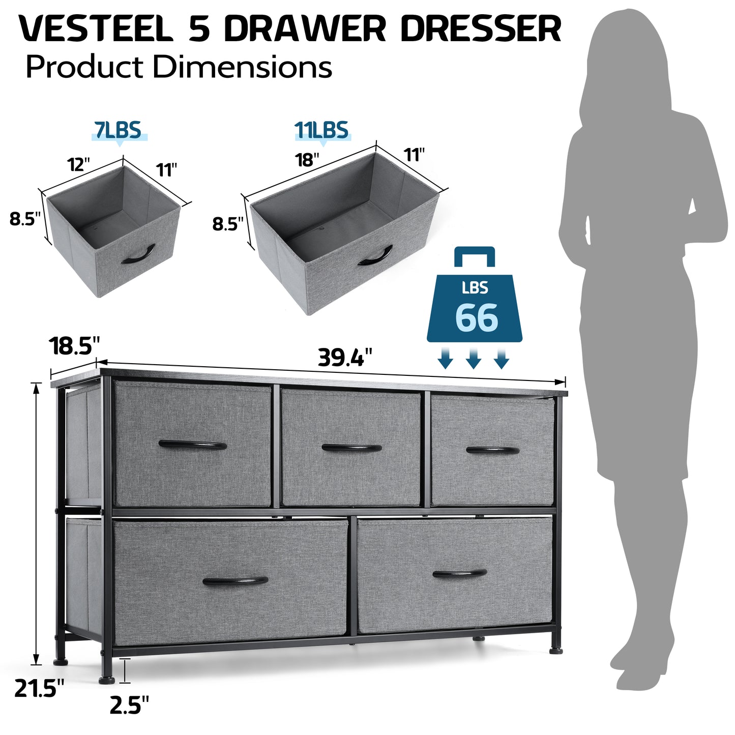 Vesteel 5 Drawers Dresser, Wide Chest of Drawers Fabric Dresser with Wood Top and Sturdy Steel Frame, Storage Organizer Unit for Closet, Living Room, Hallway - Grey