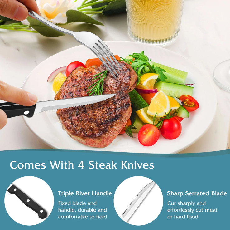 Vesteel 24 Pieces Silverware Set with Steak Knives, Stainless Steel Flatware Cutlery Set Service for 4, Mirror Finish and Dishwasher Safe