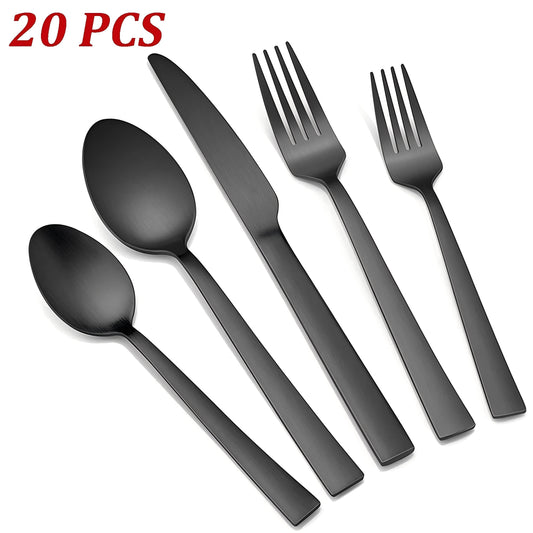 20-Piece Matte Black Silverware Set, VeSteel Stainless Steel Flatware Set Service for 4, Metal Cutlery Eating Utensils Tableware Includes Forks/Spoons/Knives, Square Edge & Dishwasher Safe