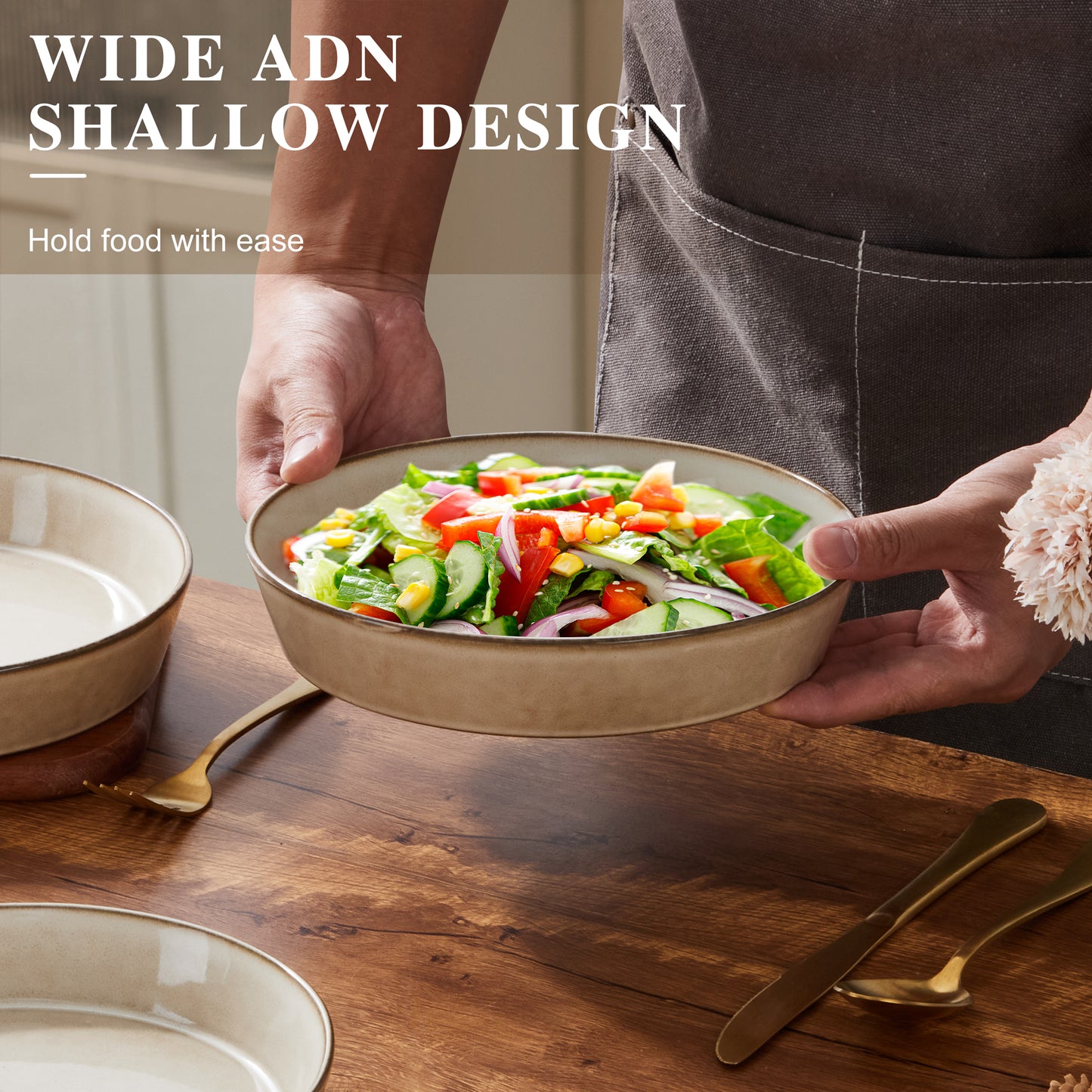 Vesteel Pasta Bowls Set of 4, 34oz Salad Plates for Home Kitchen, Double Reactive Glaze Large Wide Ceramic Bowls for Serving Dinner, Microwave & Dishwasher Safe, Khaki