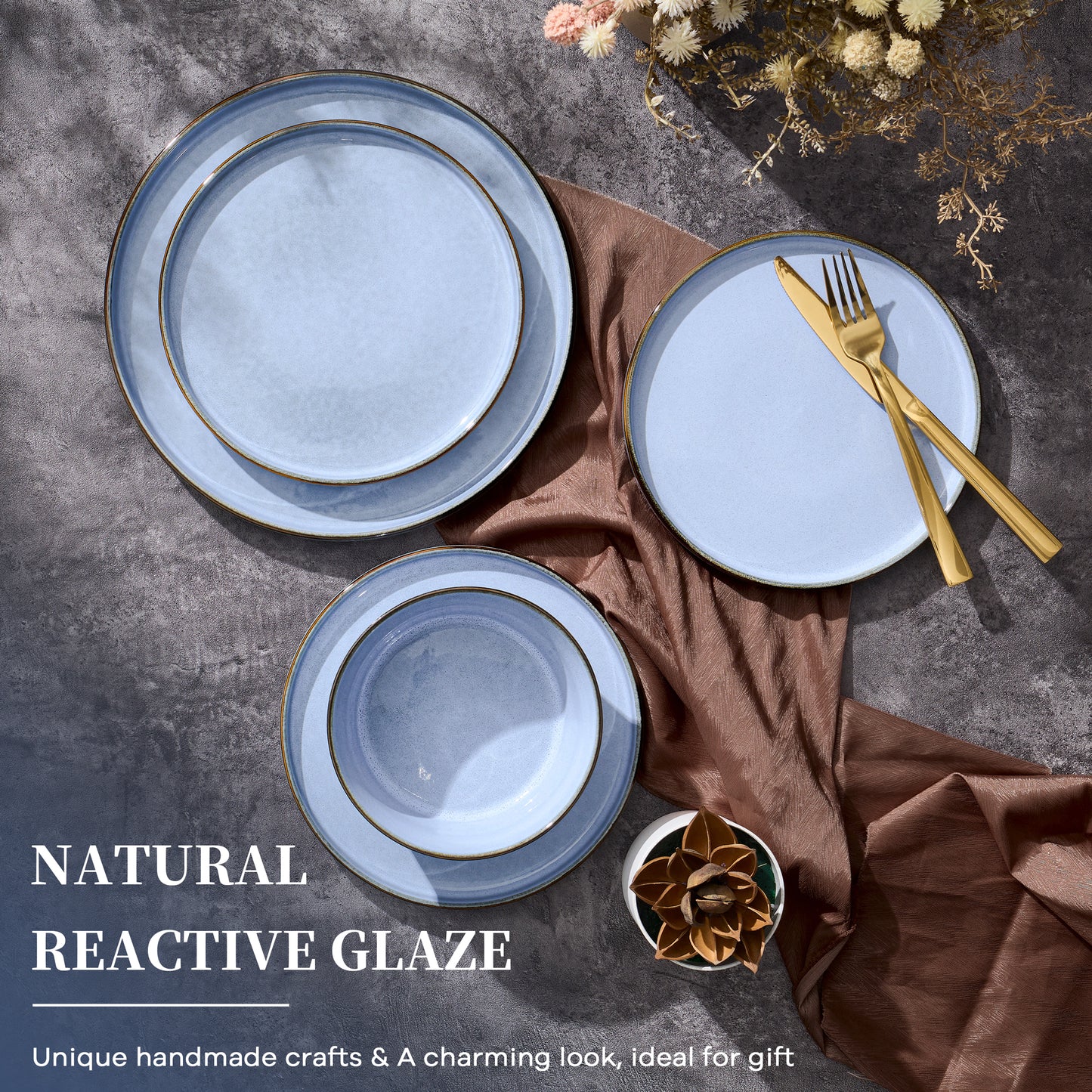 Vesteel 12Pcs Dinnerware Sets, Ceramic Plates and Bowls Sets for 4, Handmade Reactive Glaze Coupe Dishes Set for Kitchen Dining, Microwave, Uranus Blue