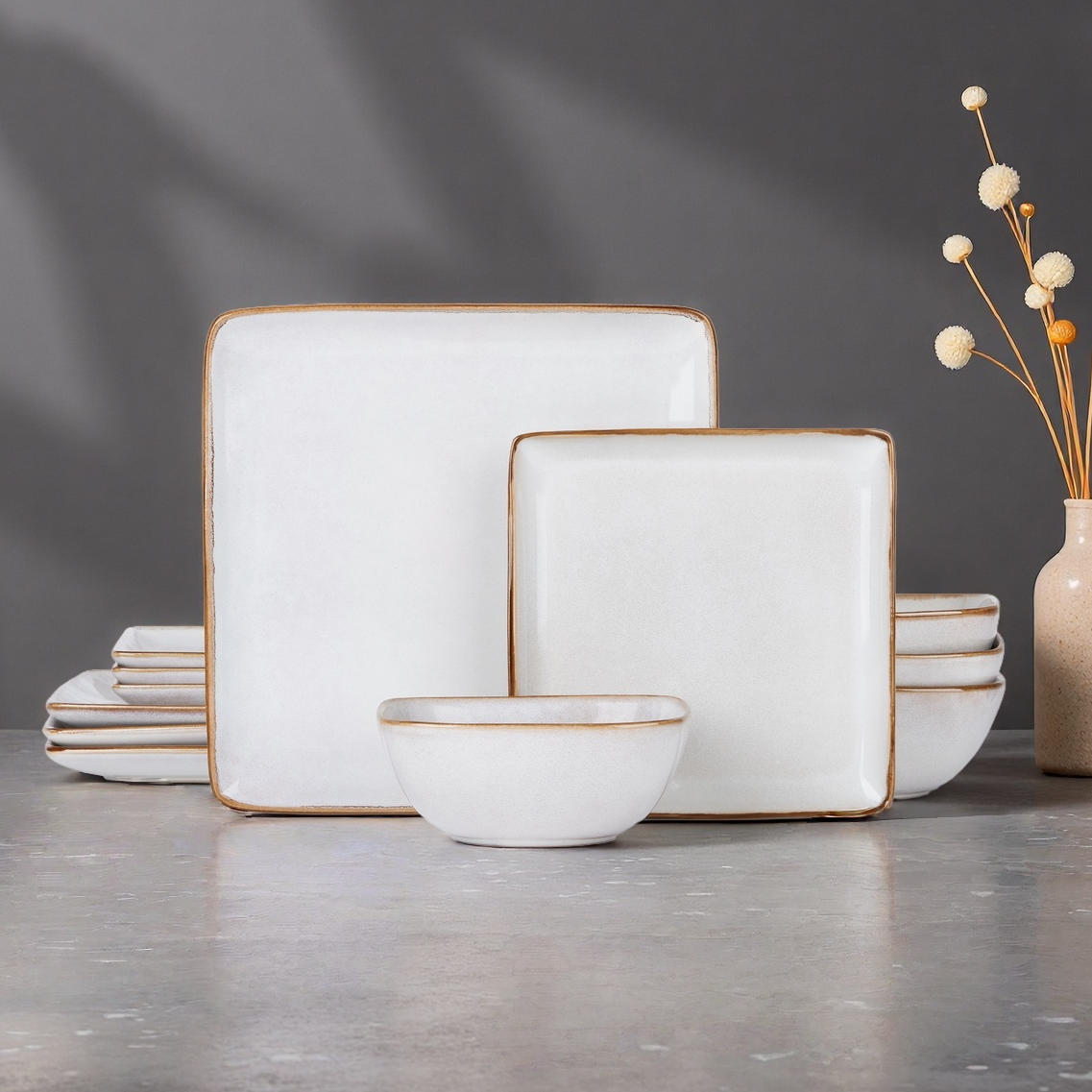 Onader Square Dinnerware Sets for 4, 12-Piece Plates and Bowls Sets, Reactive Glaze Dish Set, Chip and Scratch Resistant, Microwave and Dishwasher Safe, Seashell White