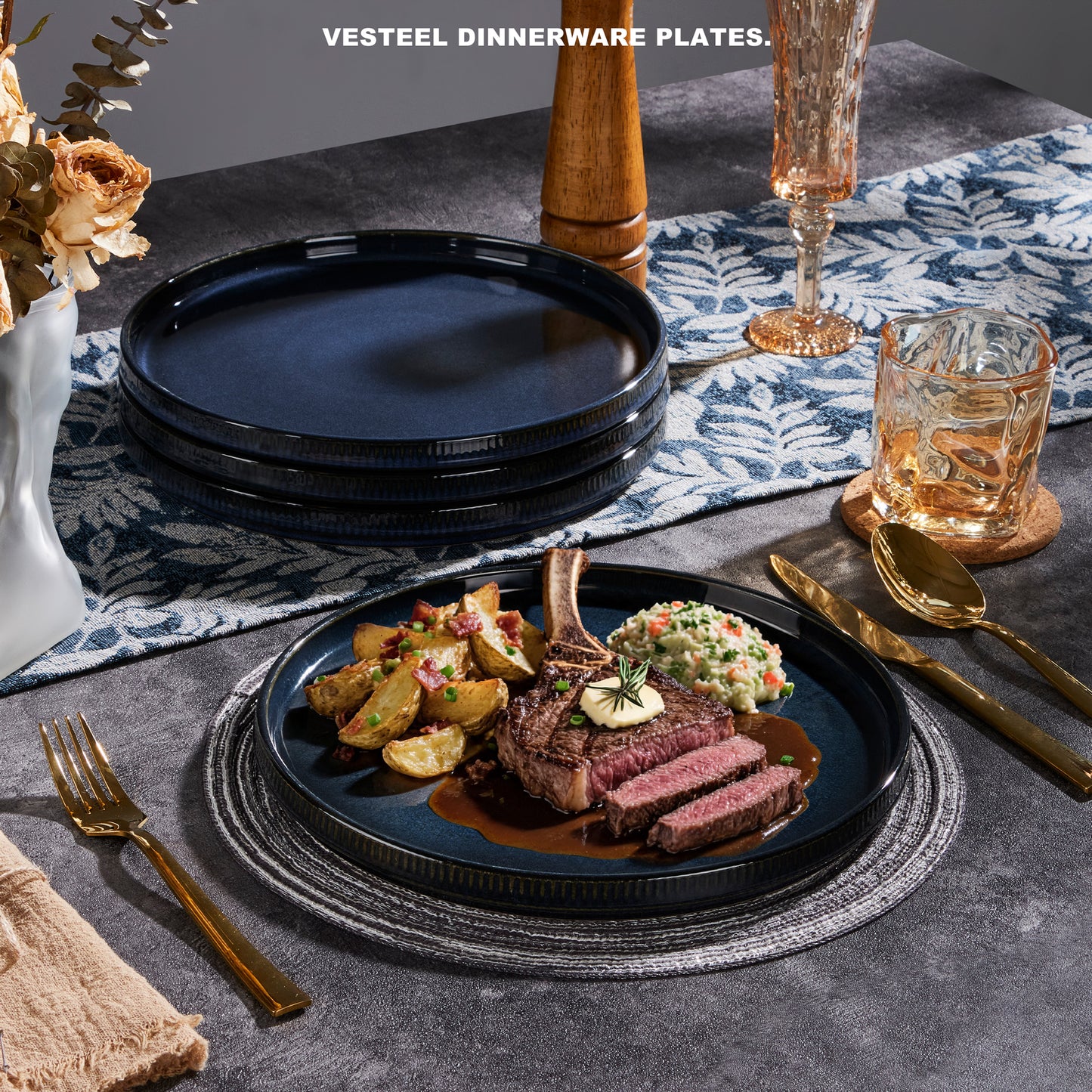 Vesteel 4 Pieces Dinner Plates Set, Premium Stoneware Ribbed Dishes, Chip & Scratch Resistant Ceramic Set for Home Restaurant, Microwave and Dishwasher Safe - Ocean Blue
