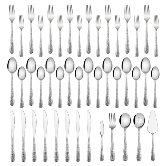 Vesteel 45-Piece Silverware Set with Serving Utensils, Stainless Steel Hammered Flatware Cutlery Set for 8 Include Forks Knives Spoons, Heavy Duty & Mirror Polished